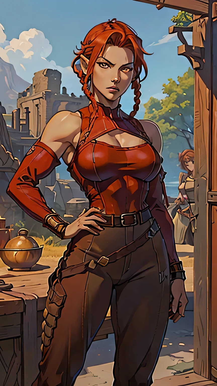 beautiful detailed eyes, beautiful detailed lips, extremely detailed eyes and face, long eyelashes, 1girl, cosplay, Kim Possible cosplays as Aloy from Horizon games, intricate detailed costume, high quality 3D render, cinematic lighting, photorealistic, hyper detailed, vibrant colors, warm lighting, dramatic pose, dynamic action, epic fantasy, (wide angle:1.32), (full length portrait:1.27), human anatomy, human proportions
