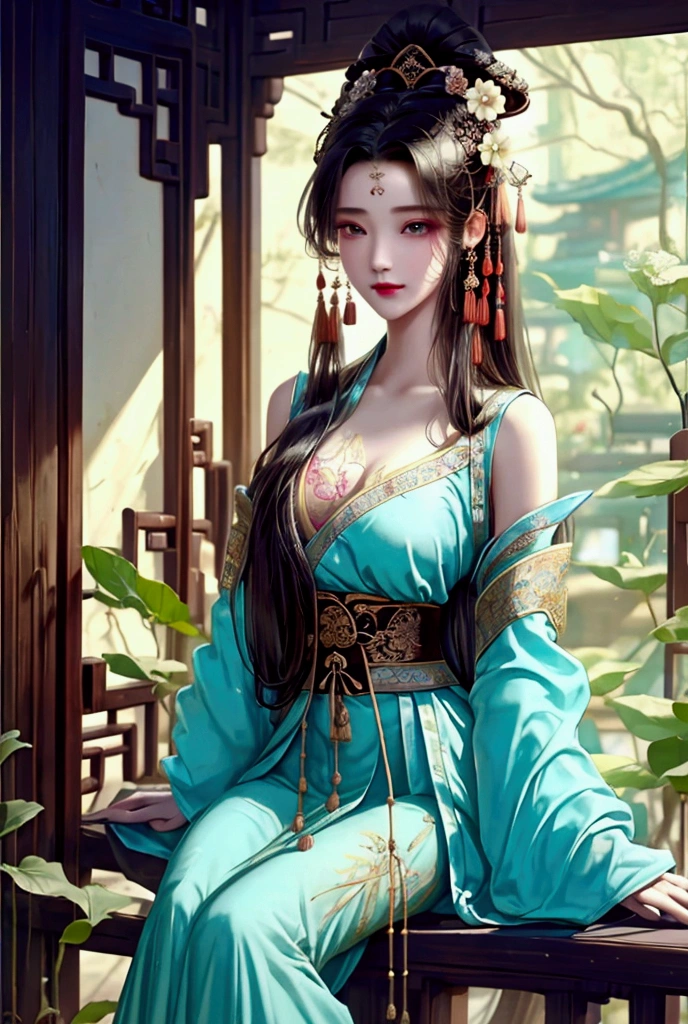 （masterpiece:1.3),(best quality:1.4),(actual:1a.4）,fantasy novel style,summer,Ancient Sanheyuan,garden,corridor,A Chinese woman,Bangs, long hair, headgear, Big breasts,Wearing a Tang style chest-length skirt,Embroidered Hanfu,