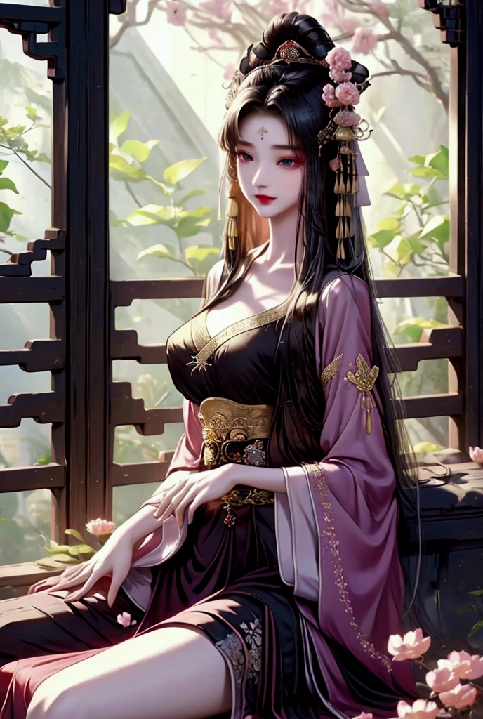 （masterpiece:1.3),(best quality:1.4),(actual:1a.4）,fantasy novel style,summer,Ancient Sanheyuan,garden,corridor,A Chinese woman,Bangs, long hair, headgear, Big breasts,Wearing a Tang style chest-length skirt,Embroidered Hanfu,