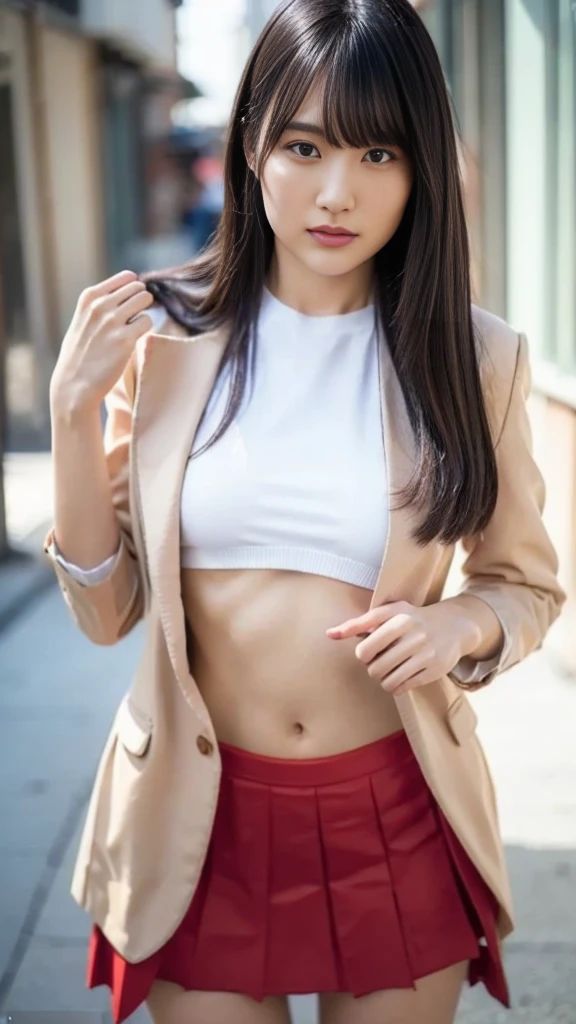 Best quality, masterpiece, ultra high res, (photorealistic:1.4), raw photo, 1girl, black hair, blue eyes,  detailed eyes and face, red suit, dynamic lighting, in the dark, deep shadow, low key, cowboy shot, full-lenght body