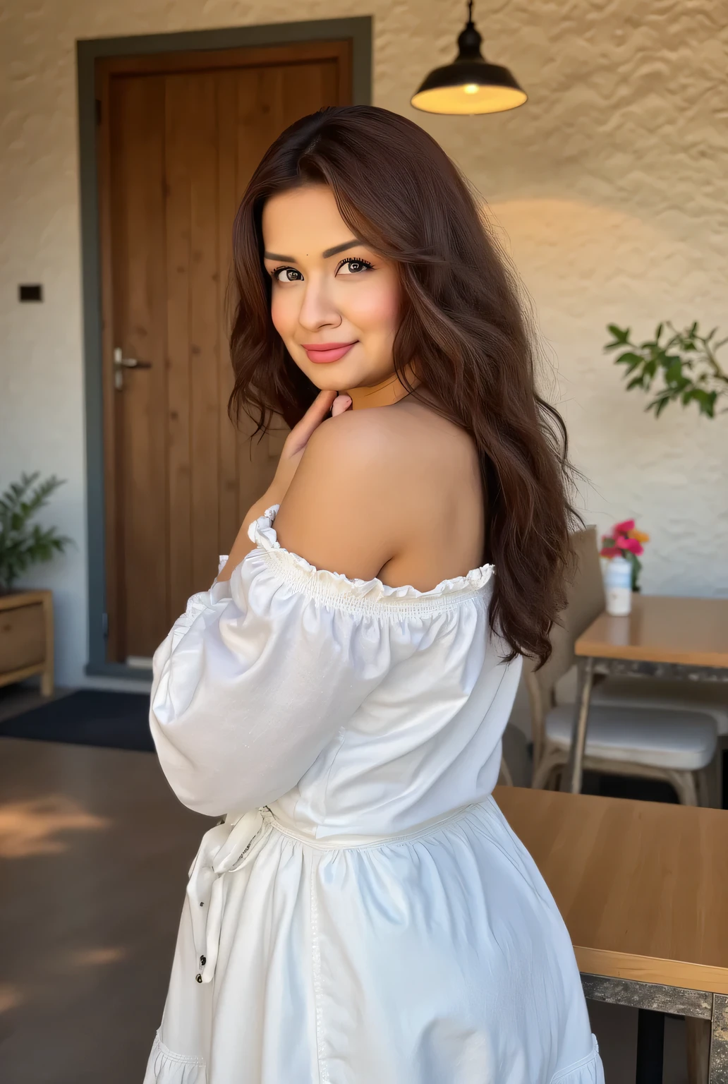 photography, model shoot, perfect body, round ass, from back shot, cowboy shot of a beautiful woman avneet wearing a white off shoulder shirt and white skirt standing outside a cafe, she is posing, she has pretty lipstick, outdoor