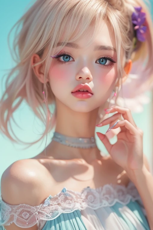 (detailed), studio lighting, hyper detailed, realistic portrait, Perfect Face.1 teenage girl, 、Blue eyes with well-defined double eyelids and long eyelashes, in the blue backdrop, realistic face, detailed skin, ピンクblond long bob hair 、bangs covering forehead, extremely detailed lips, large mouth, full, plump, glossy light pink lips, natural-looking makeup, transparent lip gloss, with off-shoulder mini summer dress, photorealistic, ((Best Quality)), ((masterpiece)), high quality, 8k, masterpiece