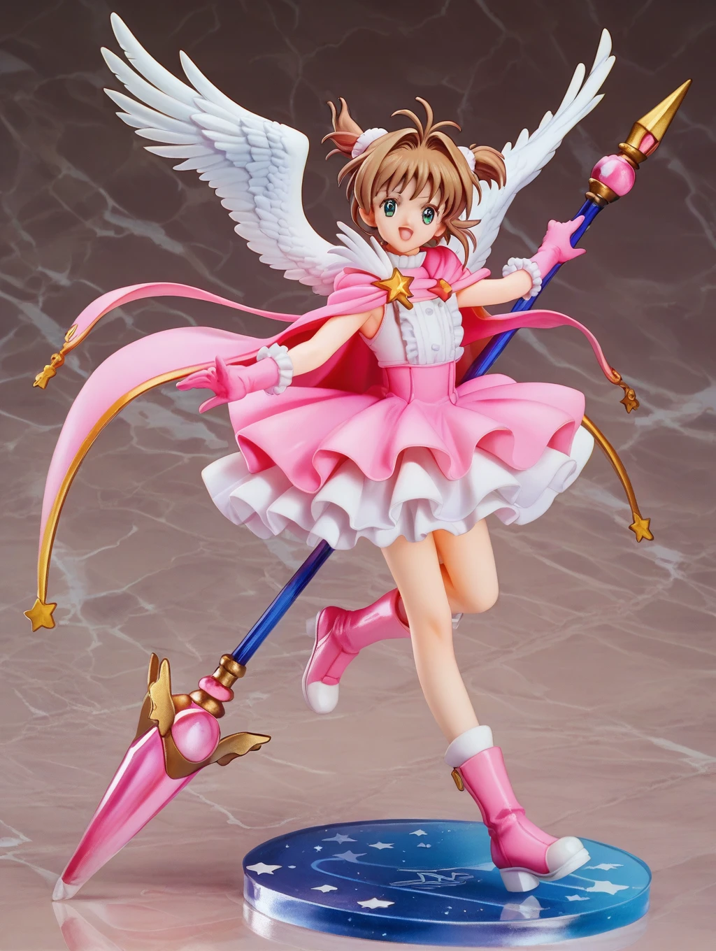 Cardcaptor Sakura,Pink Cape,White ruffled blouse,Pink dress,A staff decorated with a star on the top and feathers,White folded short boots,Ruffled gloves,((White short boots))