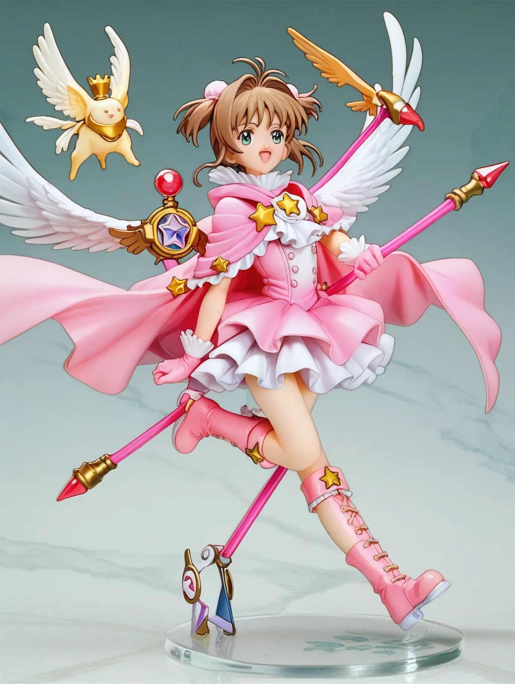 Cardcaptor Sakura,Pink Cape,White ruffled blouse,Pink dress,A staff decorated with a star on the top and feathers,White folded short boots,Ruffled gloves,((White short boots))