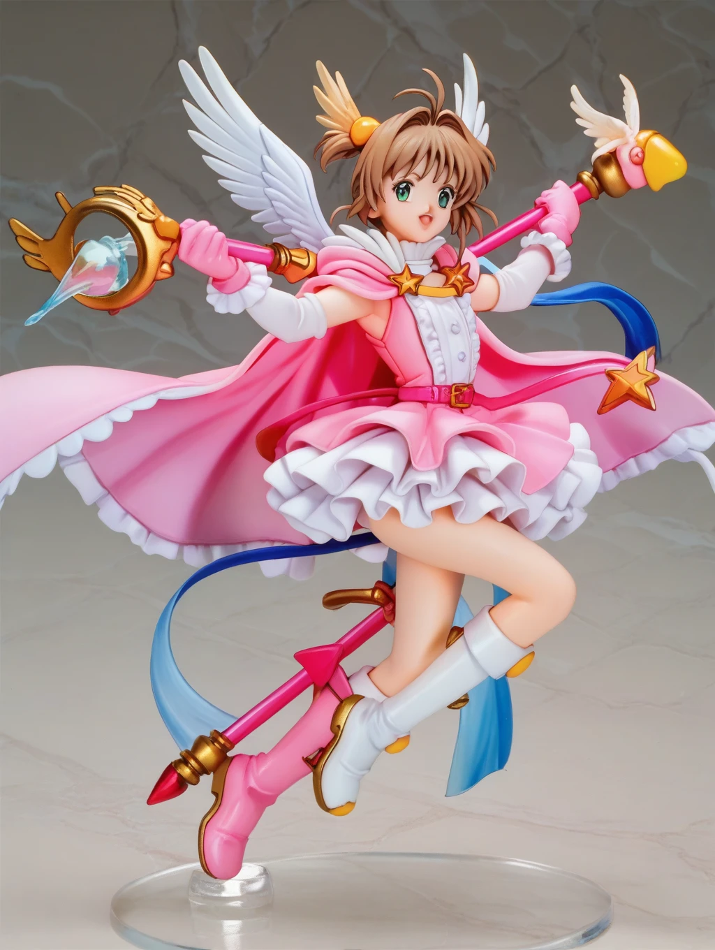 Cardcaptor Sakura,Pink Cape,White ruffled blouse,Pink dress,A staff decorated with a star on the top and feathers,White folded short boots,Ruffled gloves,((White short boots))