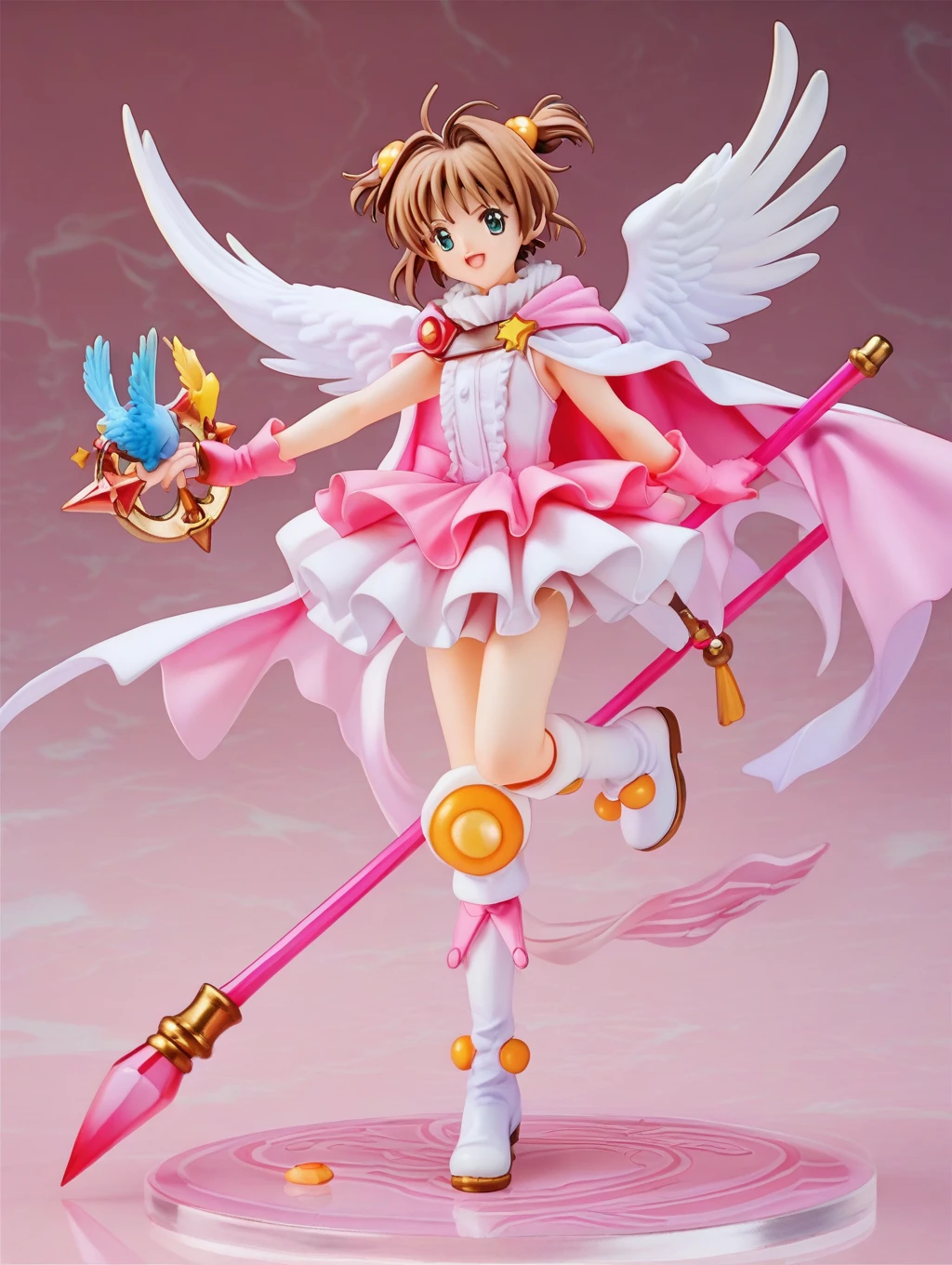 Cardcaptor Sakura,Pink Cape,White ruffled blouse,Pink dress,A staff decorated with a star on the top and feathers,White folded short boots,Ruffled gloves,((White short boots))