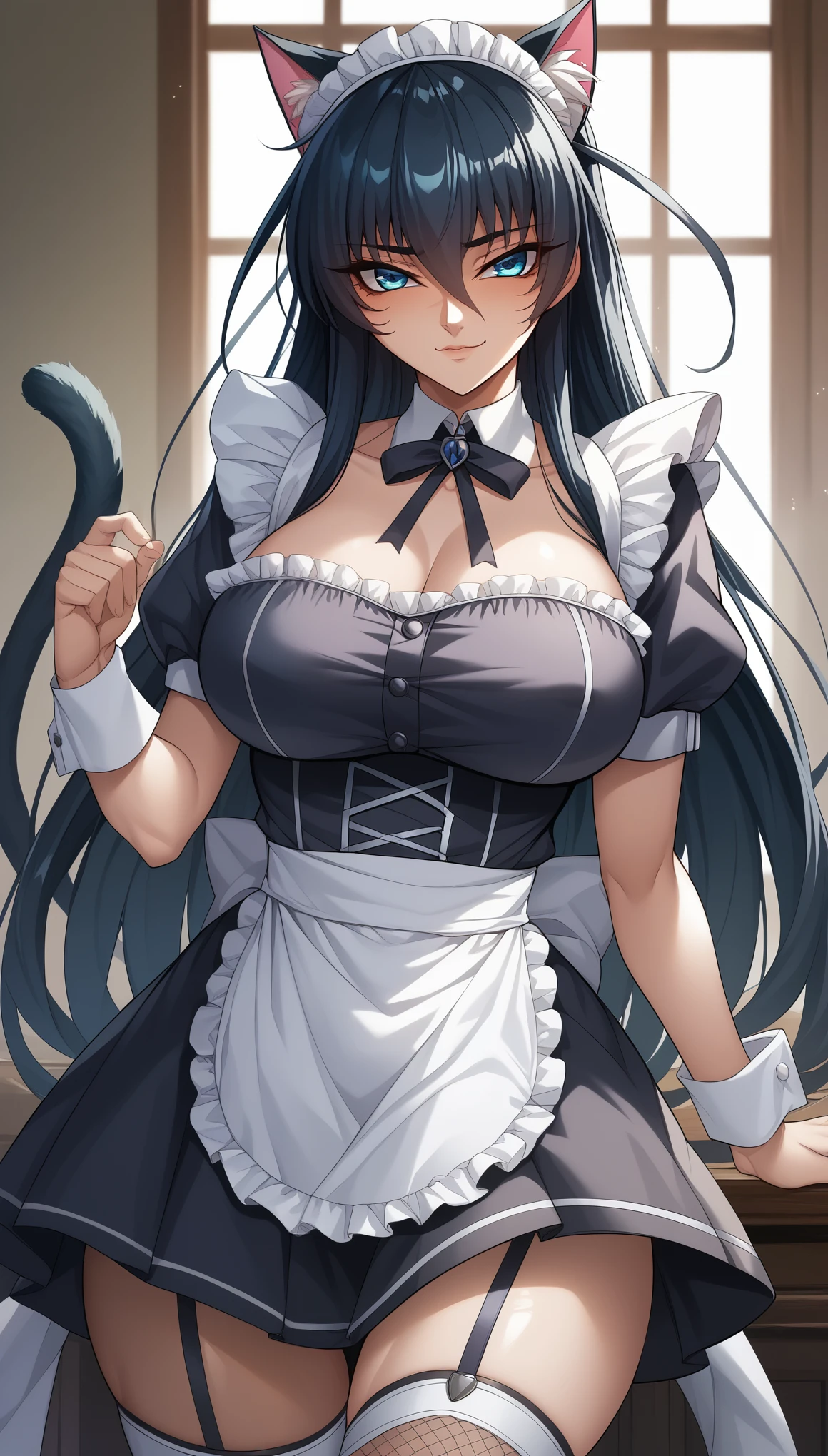 Black Hair、Straight Long Hair、Taimanin Asagi、Asagi Igawa、Mature Woman、Blue eyes、Shiny Hair、big breasts、Tight waist、Small waist、Glowing Skin、Gothic maid、Cat ears、Cat_tail、eight-headed body、Beauty、Light smile、Shame、