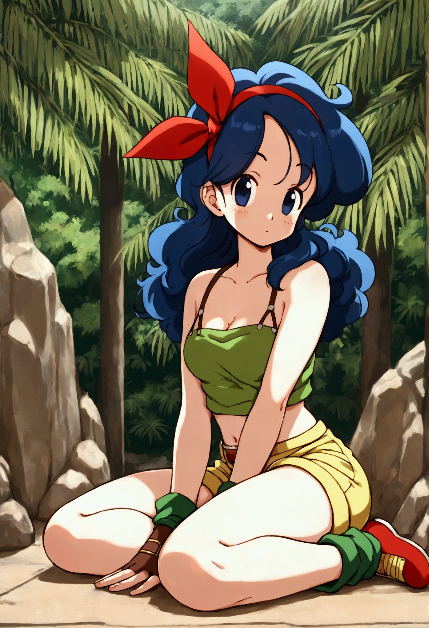 lum, long hair, breasts, blue eyes, green hair, horns, strapless, makeup, eyeshadow, (masterpiece:1.4)、(top-quality:1.4)、(hight resolution:1.4)、A smile,1People Girls、falls、Water droplets、Oversized checked dull t-shirt、Wearing shorts、espadrilles、the woods、lo fi、swing、Frolic