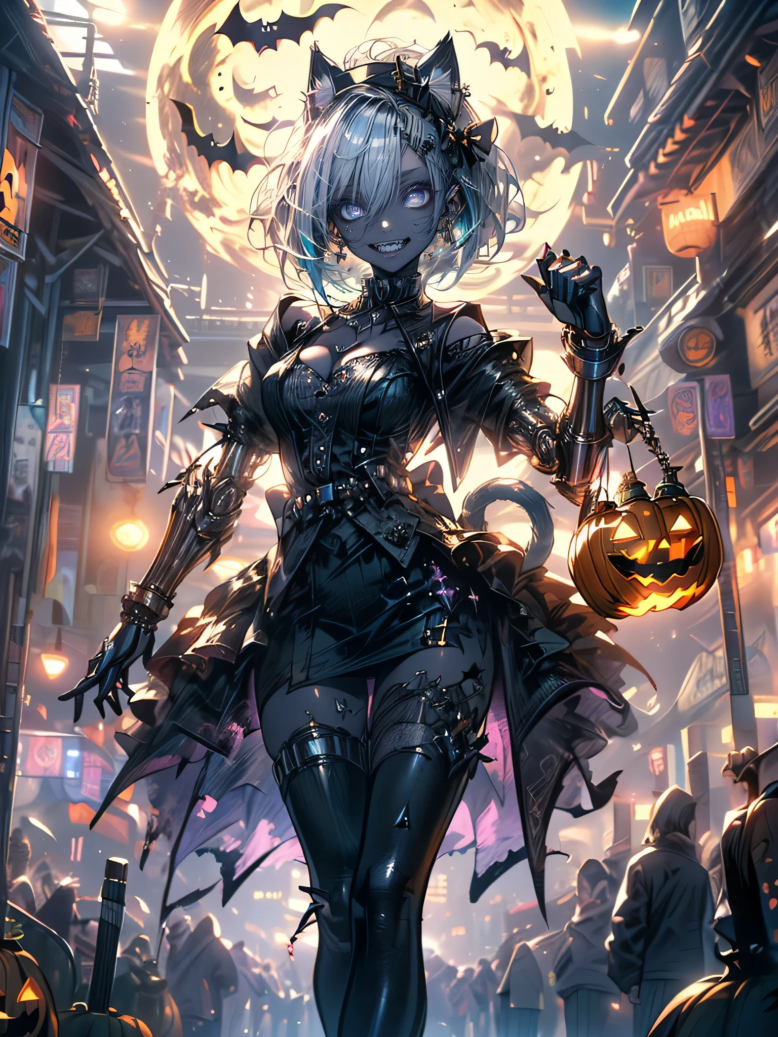 (Best Quality),Very detailed,Very detailed,One mechanical girl (1girl.alone:1.4)(Inside the theme park at night、Halloween Night Party :1.6),(A gal with dark tanned skin:1.2)(White collar miniskirt nurse costume、Cat ears and tail:1.3)Torn nurse uniform(Cleavage、Protruding nipple:1.2)Very attractive eyes、A seductive smile (Sticking out tongue)(黒color short hair:1.2)(A beautiful moonlit night:1.4), (パープルMechanical arm and legs growing)(All except the arms and legs are zombies:1.5)(Dancing in the streets of a theme park、dance:1.5)(Dynamic Angle:1.3)(looking away:1.5)