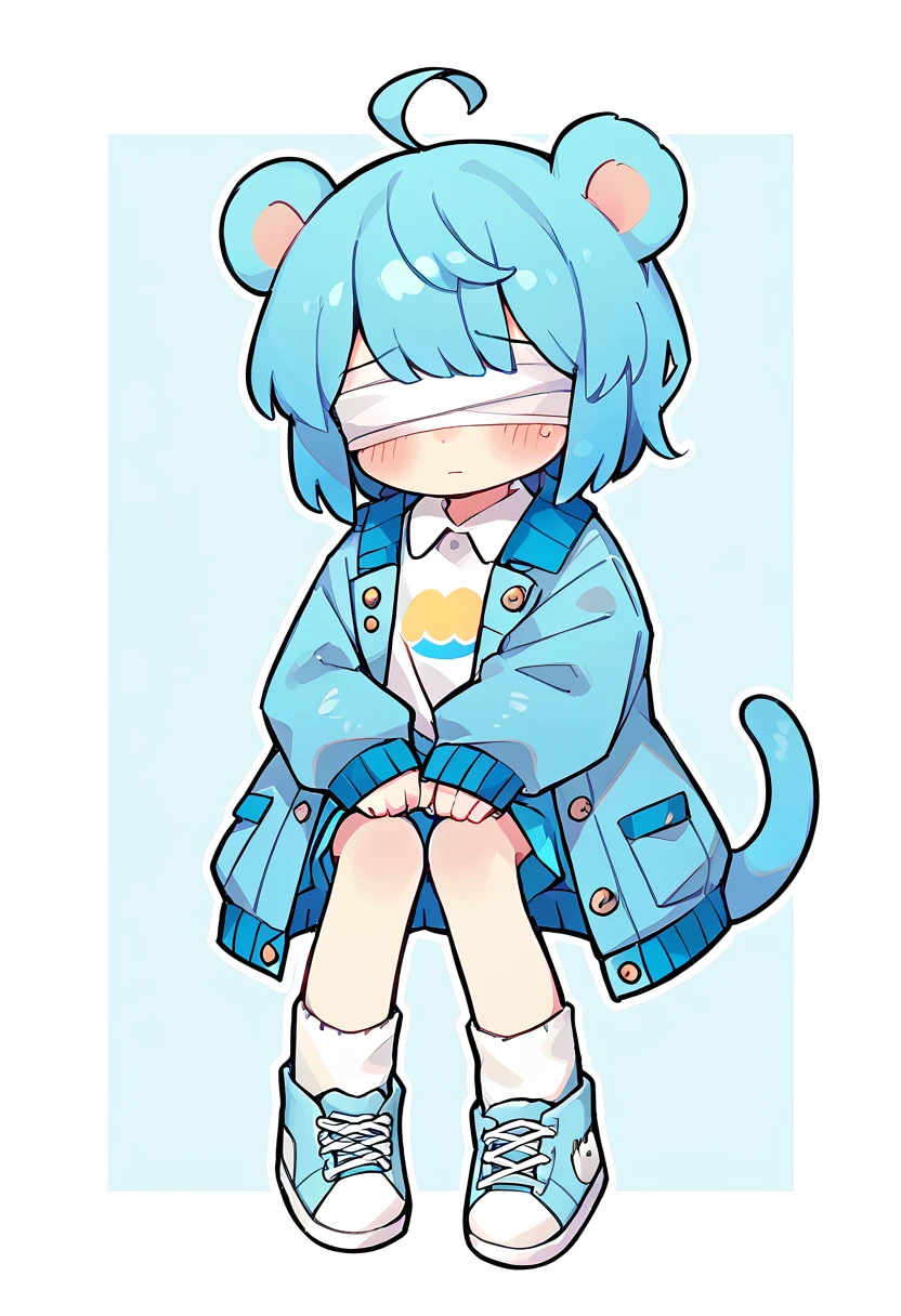 1boy, short blue hair, hair covering eyes, hippo ears, hippo tail, puffy blue coat, white shirt, blue sneakers, white socks, blushing