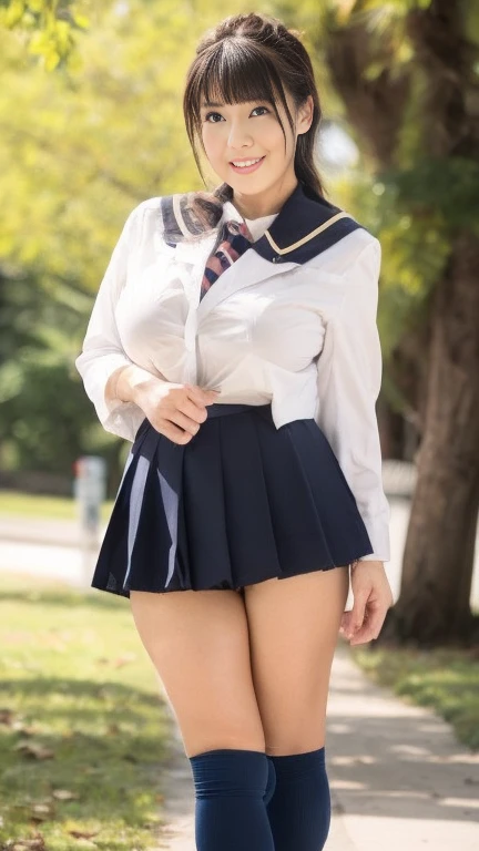 Japanese Mature,(48 years old:1.2),White skin,(plump body,Large Breasts,Emphasizes plump thighs:1.5),(earrings,seifuku cosplay,Short socks,Wearing loafers:1.2),(Standing in the park,Full body shot from head to toe,full body,standing:1.2),looking at viewer,smile,surrealism, depth of field, from below, Sony FE, 8k, arms up