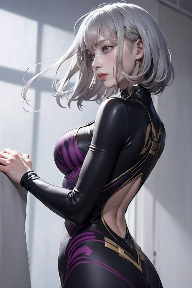 ((Gray Hair)),Heroic female characters from My Hero Academia, Surrounded by an aura of dark energy, Long, straight black hair cascading down her back, Straight bangs that frame the face, Piercing hazel eyes that shine with an otherworldly intensity. Her skin is deathly pale, The perfect canvas for her body-hugging dark outfit, Black and dark purple, Exquisitely decorated skin-tight suits, Swirling patterns change like living shadows、It looks wavy. This costume is dark in color and, Calm colors, Subtle, A velvety texture that draws the viewer&#39;s attention. Her personality is obvious, A manifestation of darkness and shadow that swirls and flows around her like a living thing., Filled with mysterious energy,Large Breasts, NSFW