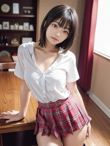 (spreading her legs for the camera:1.5)、（open legs:1.5）、lace underwear((No makeup、looking at camera:1.2))、(realistic、Photoreal、super detailed、best detailed skins、highest quality、masterpiece、Super high resolution)、cute japanese woman、、high school girl、young girl、1 girl、have bangs、double eyelid、purity、double teeth、realistic肌タイプ、fluffy hair、red cheeks、the wind is blowing、(school uniform shirt）、(Ribbons for school uniforms)、plaid skirt、light brown hair、bright classroom、（school classroom）、machine、Chair、bright atmosphere、8K RAW photo、High resolution、(big round breasts:1.2)、beautiful eyes、detailed eyes、drawn in detail、long eyelashes、美しいdouble eyelid、duck mouth、evil smile、evil look、beautiful and very thin legs、Beautiful and very thin thighs,simple necklace、（I can see my crotch:1.2）、（I can see my pants:1.2）、extremely short skirts、pretty embarrassing、random short hair