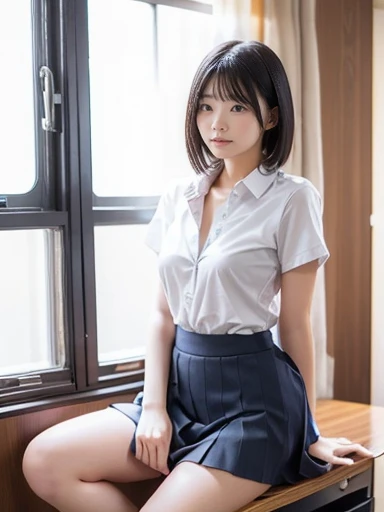 Student Uniform,((())),No makeup,High resolution,Professional photography,High resolution,Small breasts,,slim, (((教室の椅子に座りSexy pose))), Please open your legs and show me your underwear, Fearful expression, Tears in my eyes, ((Her skirt is rolled up)), Open your shirt and show me your bra, Bra and panty set, Realistic panties, Realistic Bra, ((Sexy pose))