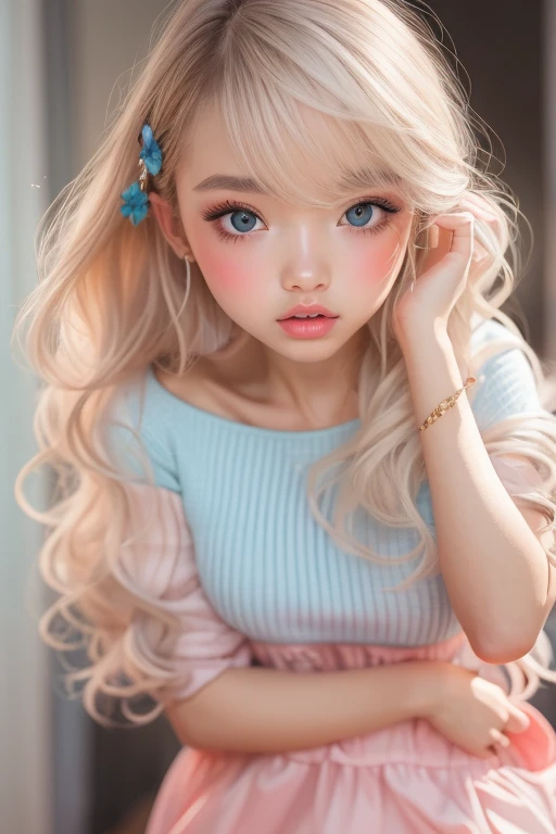 (detailed), studio lighting, hyper detailed, realistic portrait, Perfect Face.1 teenage girl, 、Blue eyes with well-defined double eyelids and long eyelashes, in the blue backdrop, realistic face, detailed skin, ピンクblond long bob hair 、bangs covering forehead, extremely detailed lips, large mouth, full, plump, glossy light pink lips, natural-looking makeup, transparent lip gloss, with off-shoulder mini summer dress, photorealistic, ((Best Quality)), ((masterpiece)), high quality, 8k, masterpiece