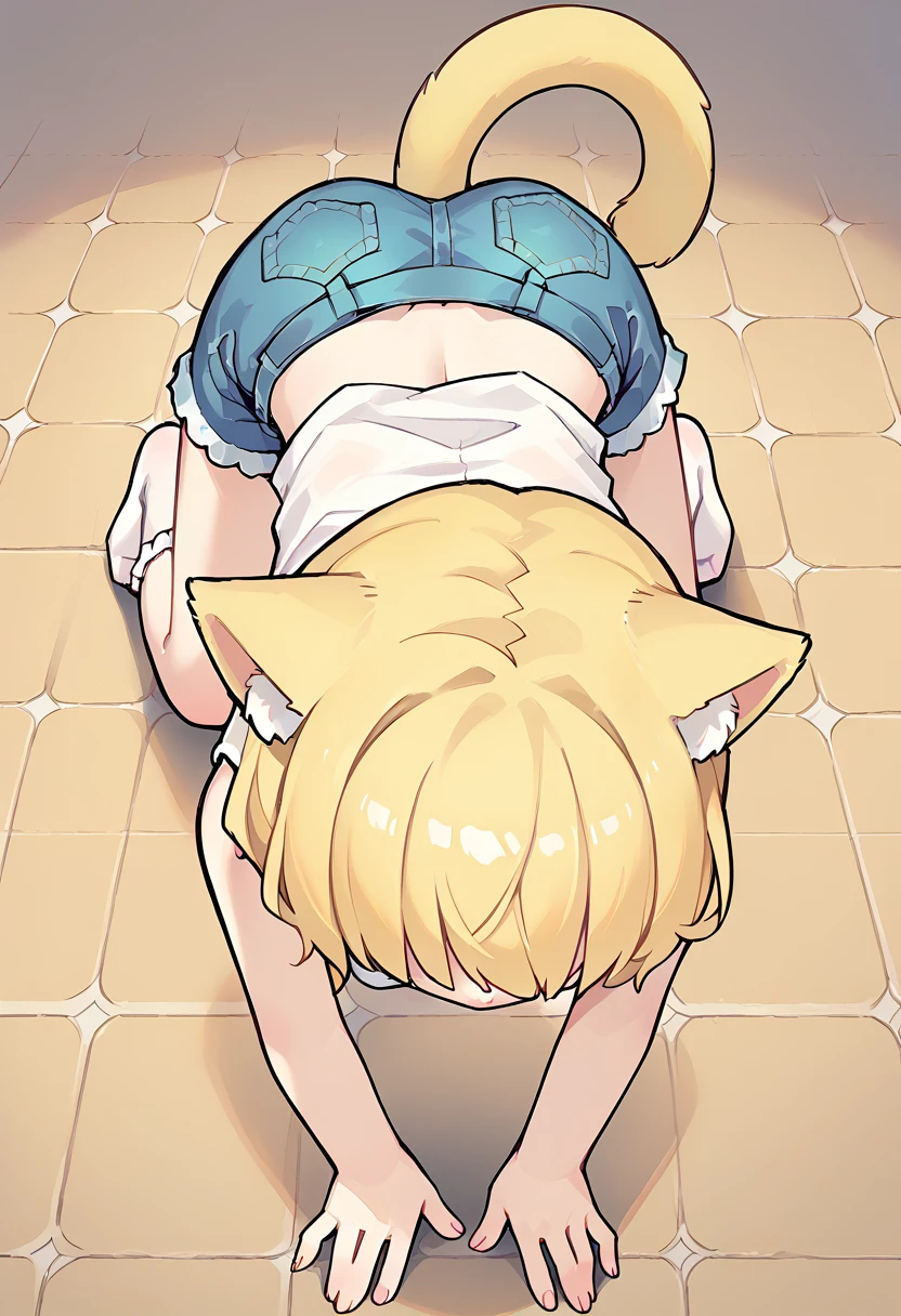 1girl, long yellow hair, yellow cat ears, hair covering eyes, white tank top, denim shorts, white frilly socks, no shoes, crawling on the floor on all fours