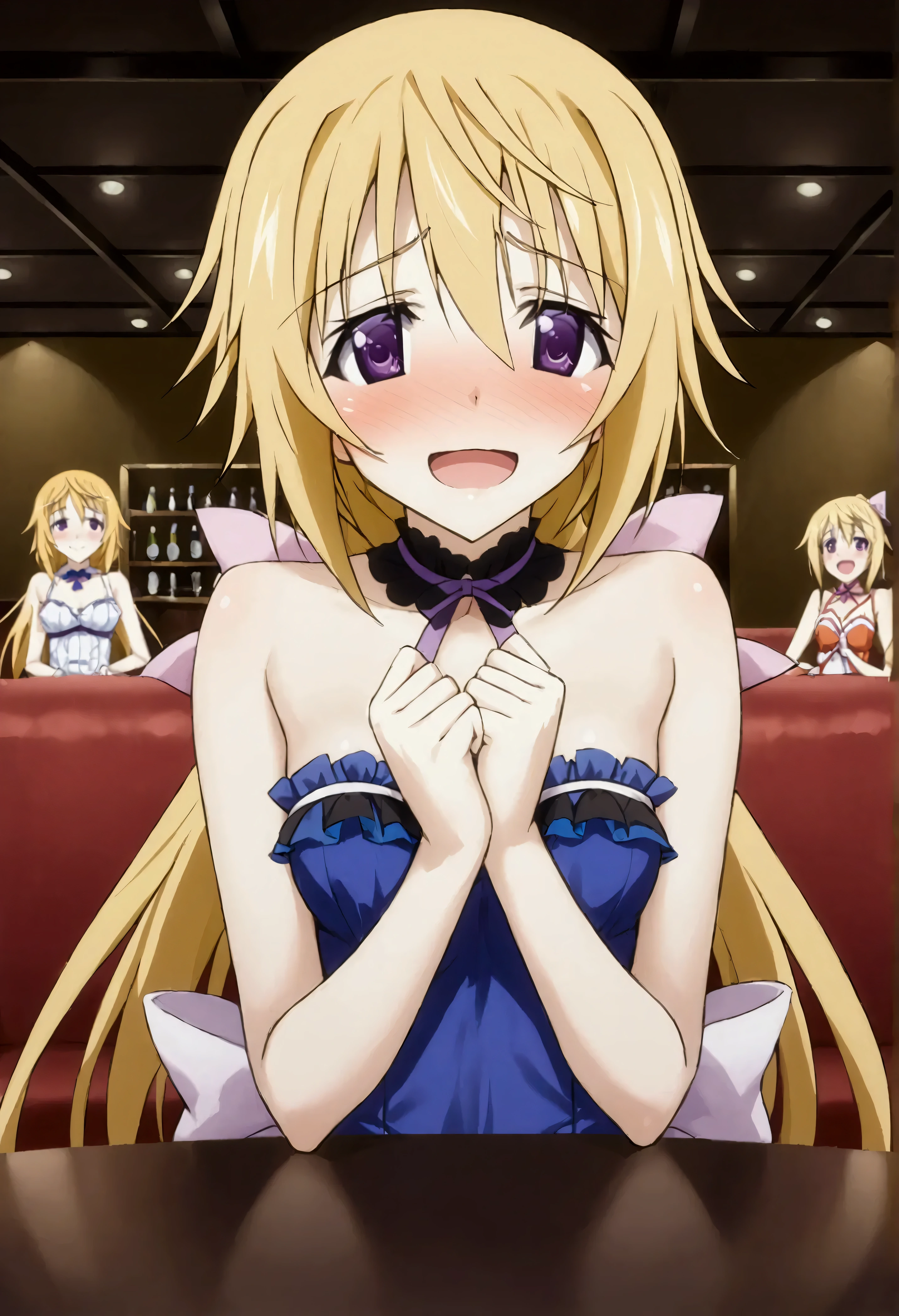 NSFW,masterpiece,Best Quality,High resolution,Very detailed,Charlotte Dunois\(Infinite Stratos\),Long Hair、Blonde Hair、ribbon、Purple Eyes、ponytail、ヘアribbon、Hostess,Cabaret Dress,Shy laugh,Embarrassed,blush,Cabaret Club,bar,Sofa,Low table