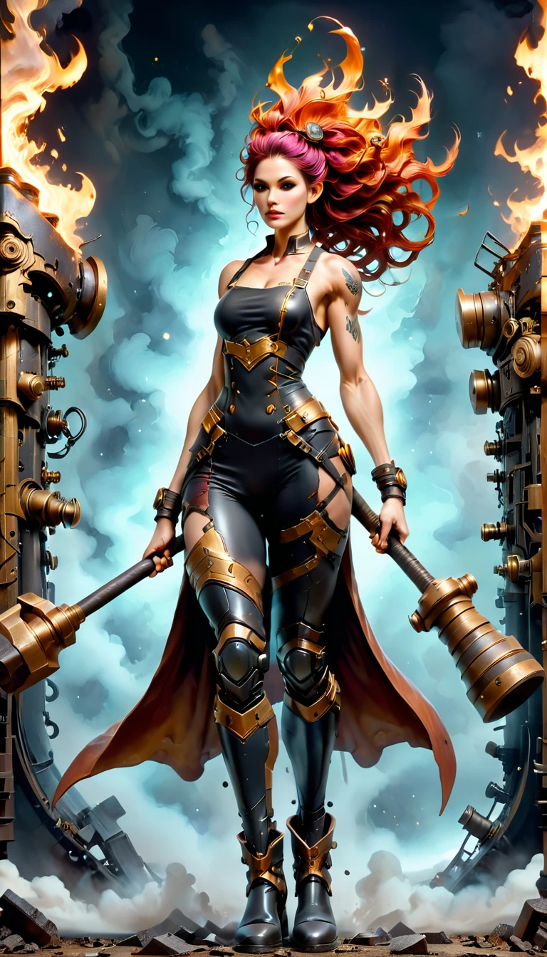 (sfw), (wide angle), 1woman, goddess of the forge, Hephaestus, ((blacksmith woman)), middle-aged woman in her 40s, toned muscle physique, ((medium length wavy with crimson roots fading to black tips)), burn scars on chest and arms, (wearing leather apron, apron with glowing symbols), (tight black button up shirt) , (wearing skin tight white leggings), (wearing flat heeled black work boots), ((swings a huge smithy hammer in one hand, over her head)), smith's hammer is glowing green, she stands at an angelic anvil, (set inside a massive robotic factory:1.37), ((high resolution)), intricately detailed facial features, detailed piercing eyes, refined jawline, masterpiece, 8k, ((hyper realistic)), 3/4 profile view, cinematic lighting, dramatic shadows, warm color tones, intricate details, hyper-detailed, battle hammer, hyperkraximalism, spl1th41r, two tone hair,