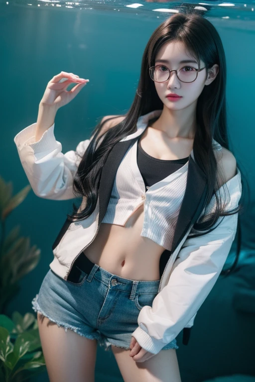 Best Quality、masterpiece、High sensitivity、High resolution、Detailed Description、Delicate facial depiction、Slender woman、Glasses、Shorts、jacket、aquarium、