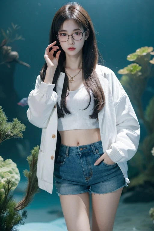 Best Quality、masterpiece、High sensitivity、High resolution、Detailed Description、Delicate facial depiction、Slender woman、Glasses、Shorts、jacket、aquarium、