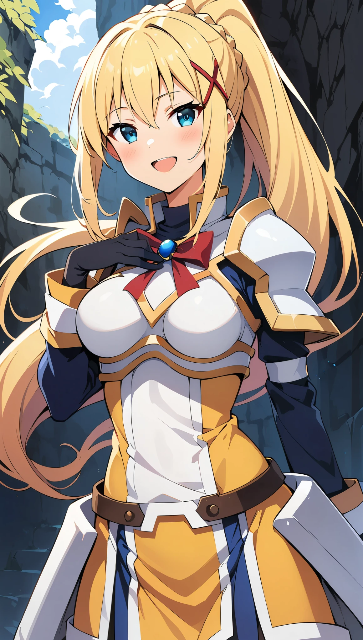 (Best Quality:1.2, Anime artwork, Anime Style, Very detailed, up to date, Vibrant, Digital Coloring, High Contrast, masterpiece:1.2, Best Quality, Best aesthetics), (((KonoSuba, KS Darkness, 1 female:1.2))), ((blonde, ponytail, x Hair accessories, White Armor, shoulder 鎧, Bodysuits, Black gloves, Yellow Dress)), blush, smile, Open your mouth, Random Pause, Cowboy Shot, Dungeon Background.