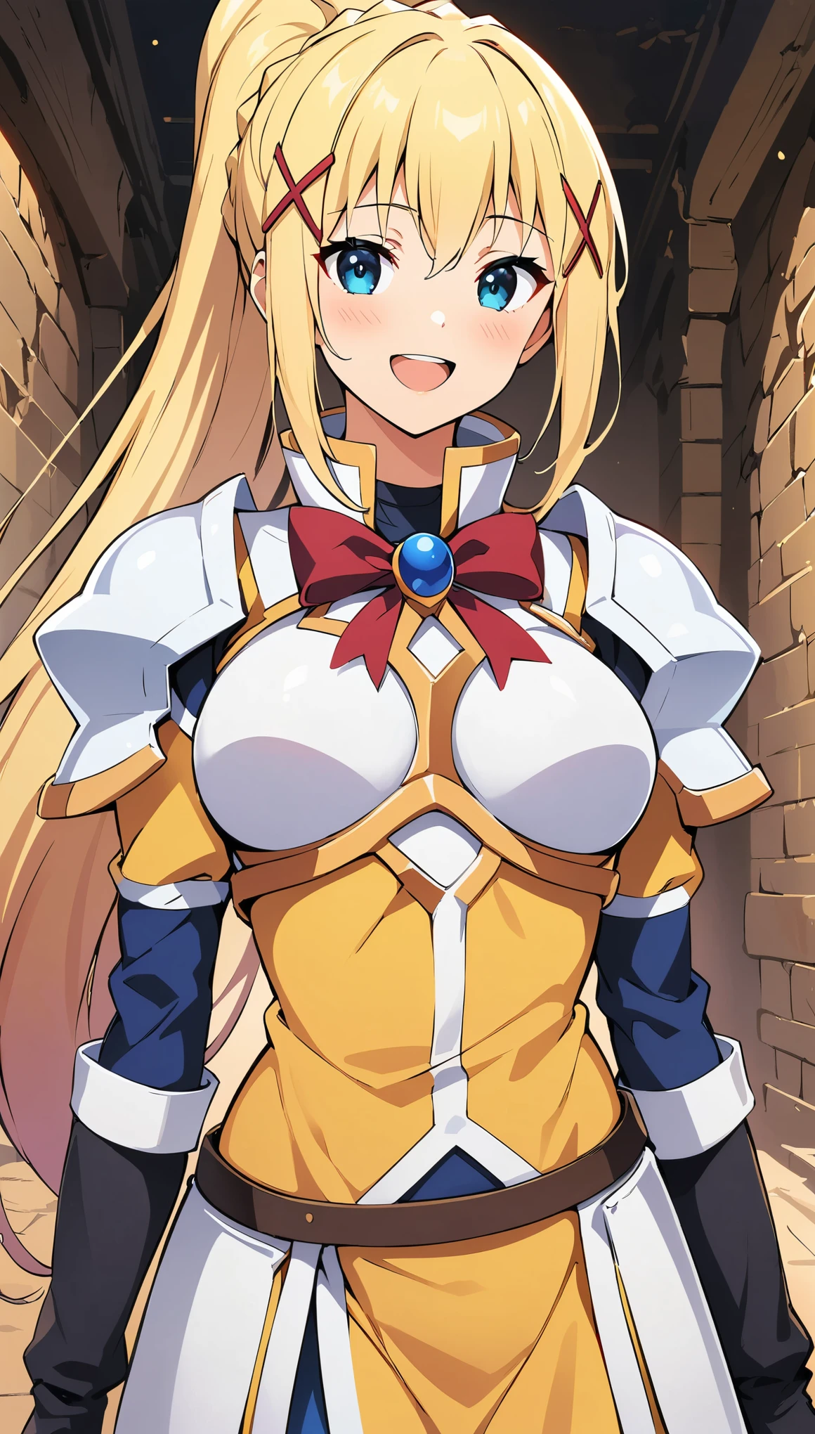 (Best Quality:1.2, Anime artwork, Anime Style, Very detailed, up to date, Vibrant, Digital Coloring, High Contrast, masterpiece:1.2, Best Quality, Best aesthetics), (((KonoSuba, KS Darkness, 1 female:1.2))), ((blonde, ponytail, x Hair accessories, White Armor, shoulder 鎧, Bodysuits, Black gloves, Yellow Dress)), blush, smile, Open your mouth, Random Pause, Cowboy Shot, Dungeon Background.