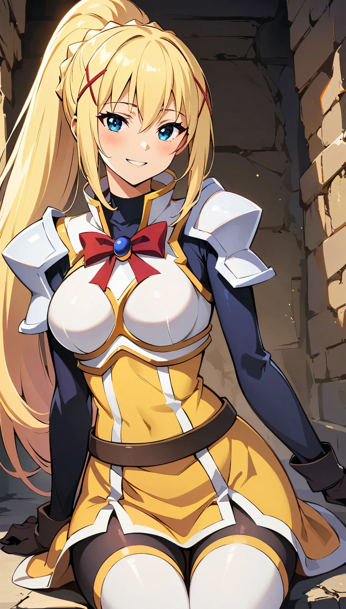 (Best Quality:1.2, Anime artwork, Anime Style, Very detailed, up to date, Vibrant, Digital Coloring, High Contrast, masterpiece:1.2, Best Quality, Best aesthetics), (((KonoSuba, KS Darkness, 1 female:1.2))), ((blonde, ponytail, x Hair accessories, White Armor, shoulder 鎧, Bodysuits, Black gloves, Yellow Dress)), Chiaroscuro, blush, smile, Sit down, Cowboy Shot, Dungeon Background.