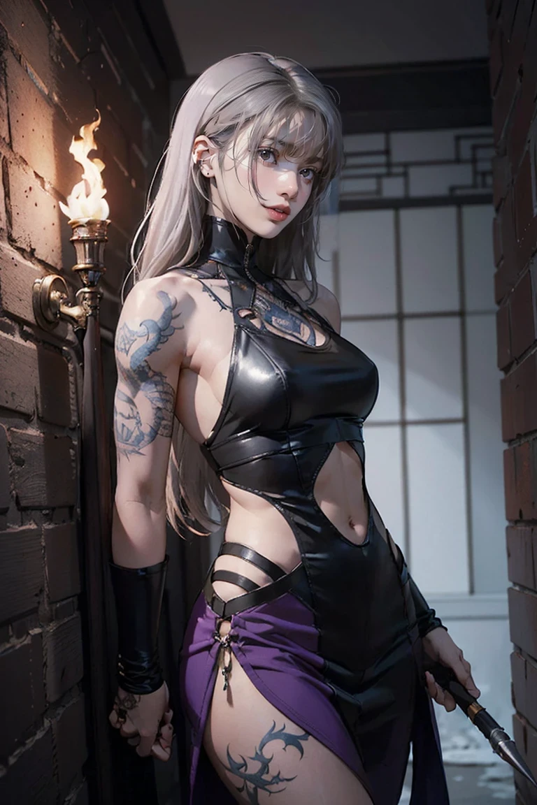 photorealistic, high resolution, 1women, solo, hips up, look at viewer, (detailed face), white hair,center opening, mileena, sai, purple_suit,thighhighs, fishnets, pelvic curtain, tattoo, jewelry