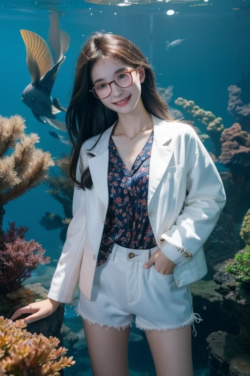 Best Quality、masterpiece、High sensitivity、High resolution、Detailed Description、Delicate facial depiction、Slender woman、Glasses、Smiling face、Autumn Fashion、Shorts、jacket、aquarium、