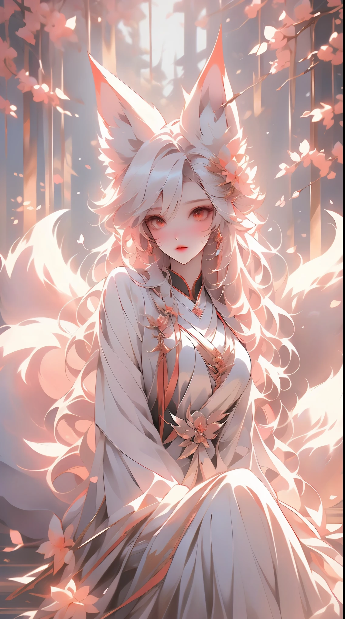 Fox human sister, Japanese dress with open chest, Western dress with short hem, wide eyes, detailed beautiful face, light pink lipstick, big bushy tail, beautiful thighs, masterpiece, super S high resolution , dynamic, many perennial pampas grasses sway