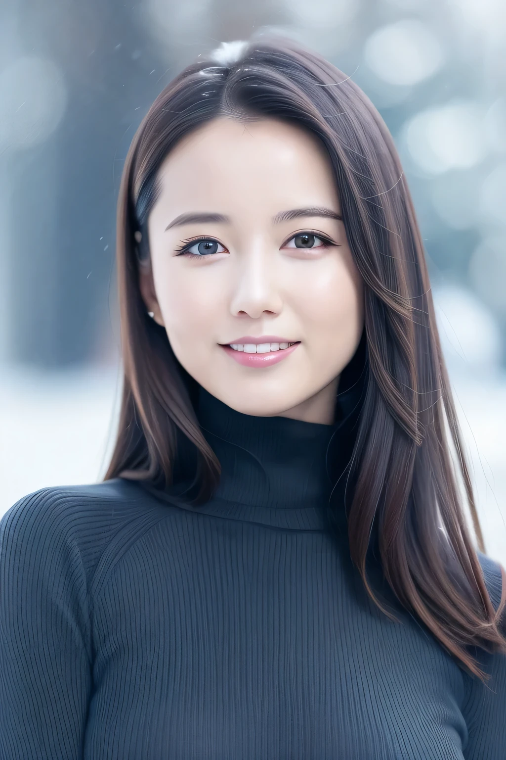 One girl,(Wearing a turtleneck sweater),(Winter jackets),(RAW Photos, Best Quality), (Realistic, photo-Realistic:1.4), masterpiece, Very delicate and beautiful, Very detailed, 2k wallpaper, wonderful, In detail, Very detailed CG unity 8k wallpaper, Super detailed, High resolution, Soft light, Beautiful detailed girl, Very detailed eyes and face, Beautifully detailed nose, Beautiful detailed eyes,Cinematic Lighting,Snow Scene,Ski Resorts,Snowfield,Snow Mountain,Perfect Anatomy,Slender body,smile  、Erotic