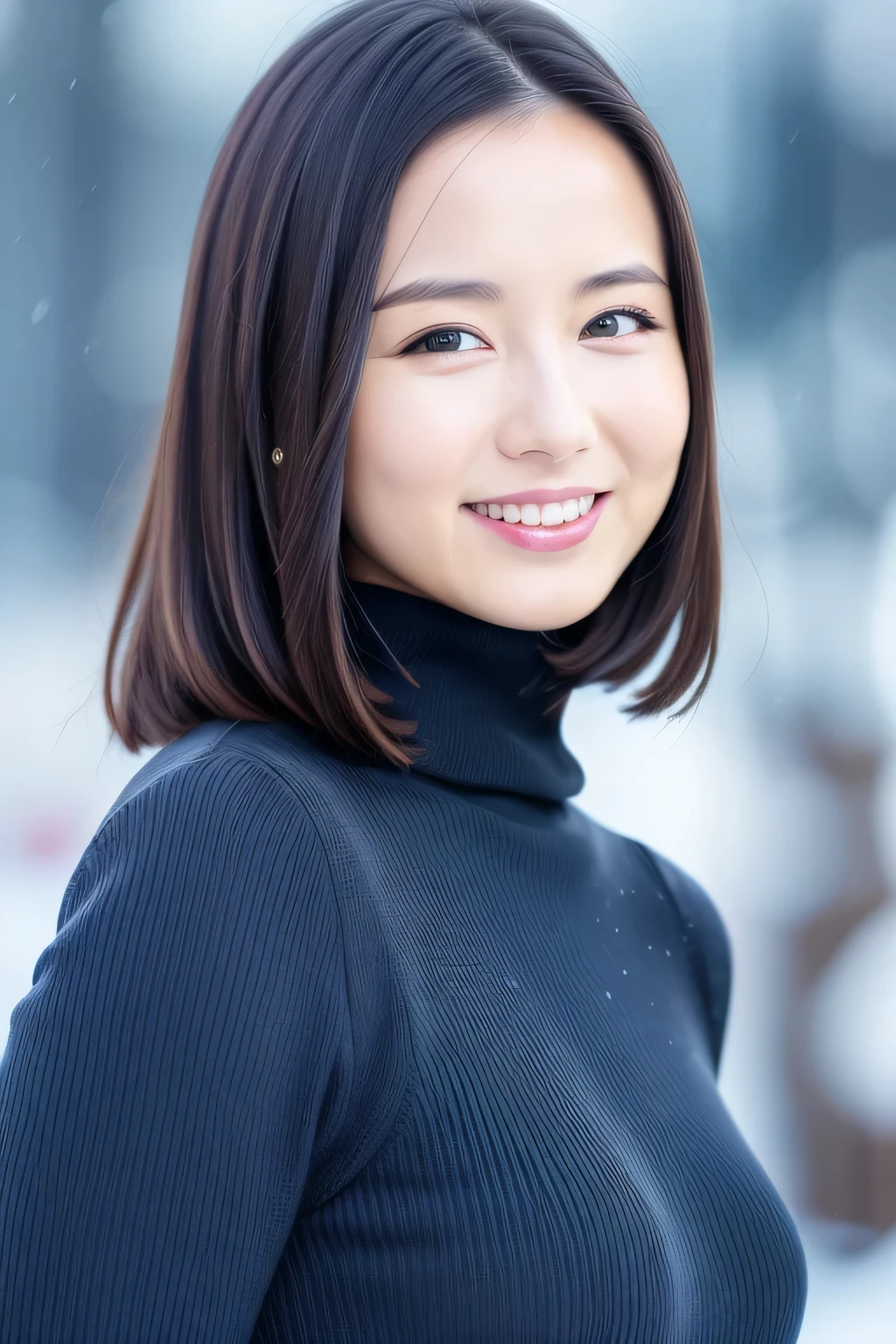 One girl,(Wearing a turtleneck sweater),(Winter jackets),(RAW Photos, Best Quality), (Realistic, photo-Realistic:1.4), masterpiece, Very delicate and beautiful, Very detailed, 2k wallpaper, wonderful, In detail, Very detailed CG unity 8k wallpaper, Super detailed, High resolution, Soft light, Beautiful detailed girl, Very detailed eyes and face, Beautifully detailed nose, Beautiful detailed eyes,Cinematic Lighting,Snow Scene,Ski Resorts,Snowfield,Snow Mountain,Perfect Anatomy,Slender body,smile  、Erotic