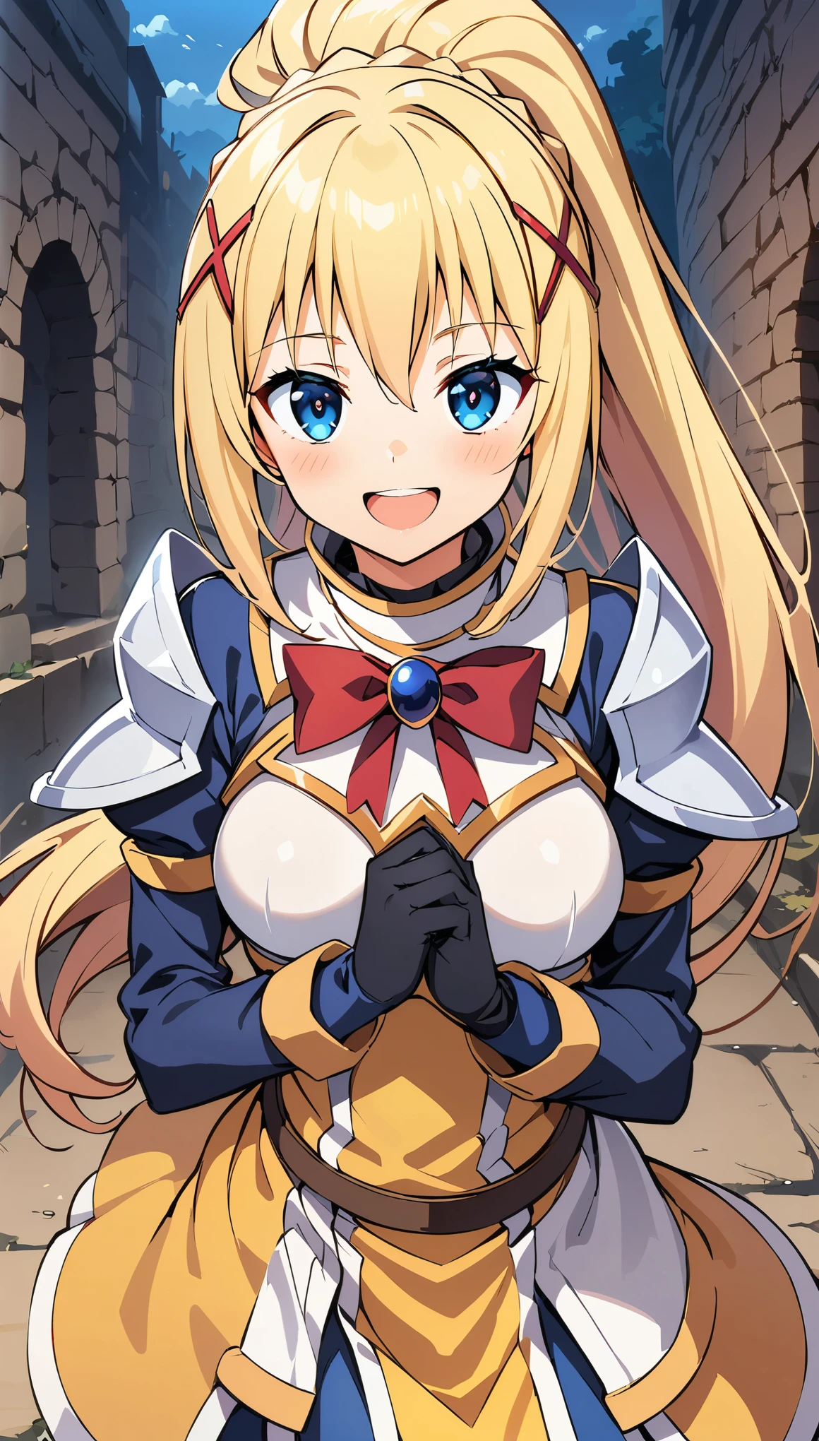 (Best Quality:1.2, Anime artwork, Anime Style, Very detailed, up to date, Vibrant, Digital Coloring, High Contrast, masterpiece:1.2, Best Quality, Best aesthetics), (((KonoSuba, KS Darkness, 1 female:1.2))), ((blonde, ponytail, x Hair accessories, White Armor, shoulder 鎧, Bodysuits, Black gloves, Yellow Dress)), blush, smile, Open your mouth, Hold the sword with both hands, Random Pause, Cowboy Shot, Dungeon Background.