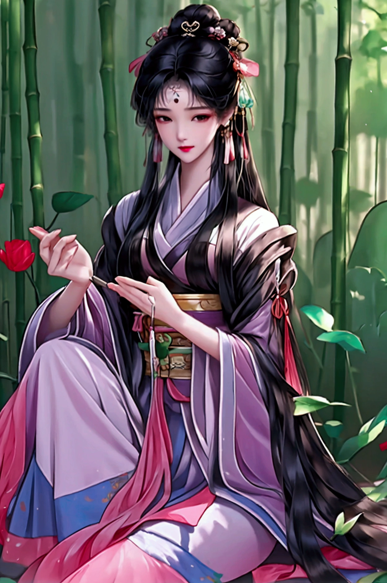 （masterpiece:1.3),(best quality:1.4),(actual:1a.4）,fantasy novel style,Bamboo House,Small stream,Girl Liu Yurou,Bangs, preauricular hair, long hair, ribbon, Big breasts,Wearing an ancient yellow embroidered large-sleeved shirt,Skirt,Hanfu suit,Sitting on the bamboo porch