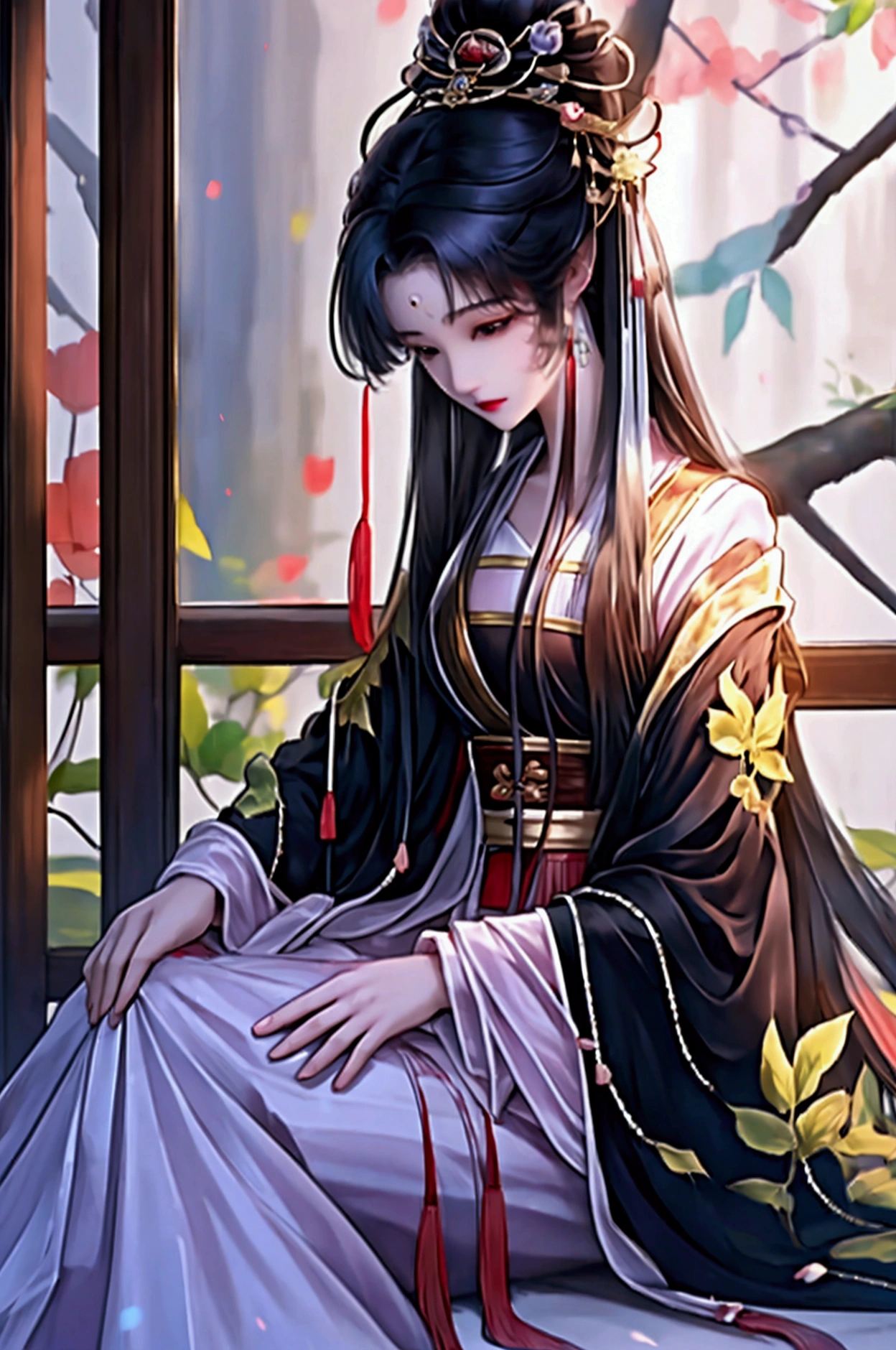 （masterpiece:1.3),(best quality:1.4),(actual:1a.4）,fantasy novel style,Bamboo House,Small stream,Girl Liu Yurou,Bangs, preauricular hair, long hair, ribbon, Big breasts,Wearing an ancient yellow embroidered large-sleeved shirt,Skirt,Hanfu suit,Sitting on the bamboo porch