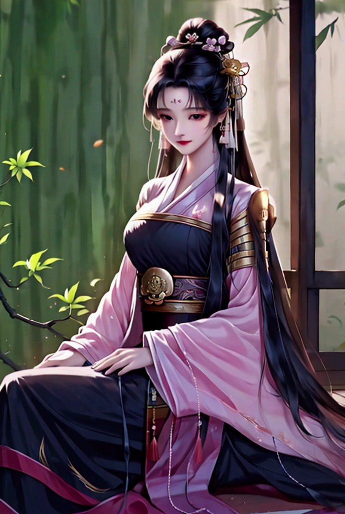 （masterpiece:1.3),(best quality:1.4),(actual:1a.4）,fantasy novel style,Bamboo House,Small stream,Girl Liu Yurou,Bangs, preauricular hair, long hair, ribbon, Big breasts,Wearing an ancient yellow embroidered large-sleeved shirt,Skirt,Hanfu suit,Sitting on the bamboo porch