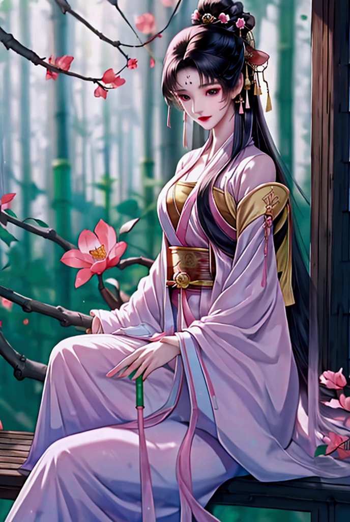 （masterpiece:1.3),(best quality:1.4),(actual:1a.4）,fantasy novel style,Bamboo House,Small stream,Girl Liu Yurou,Bangs, preauricular hair, long hair, ribbon, Big breasts,Wearing an ancient yellow embroidered large-sleeved shirt,Skirt,Hanfu suit,Sitting on the bamboo porch