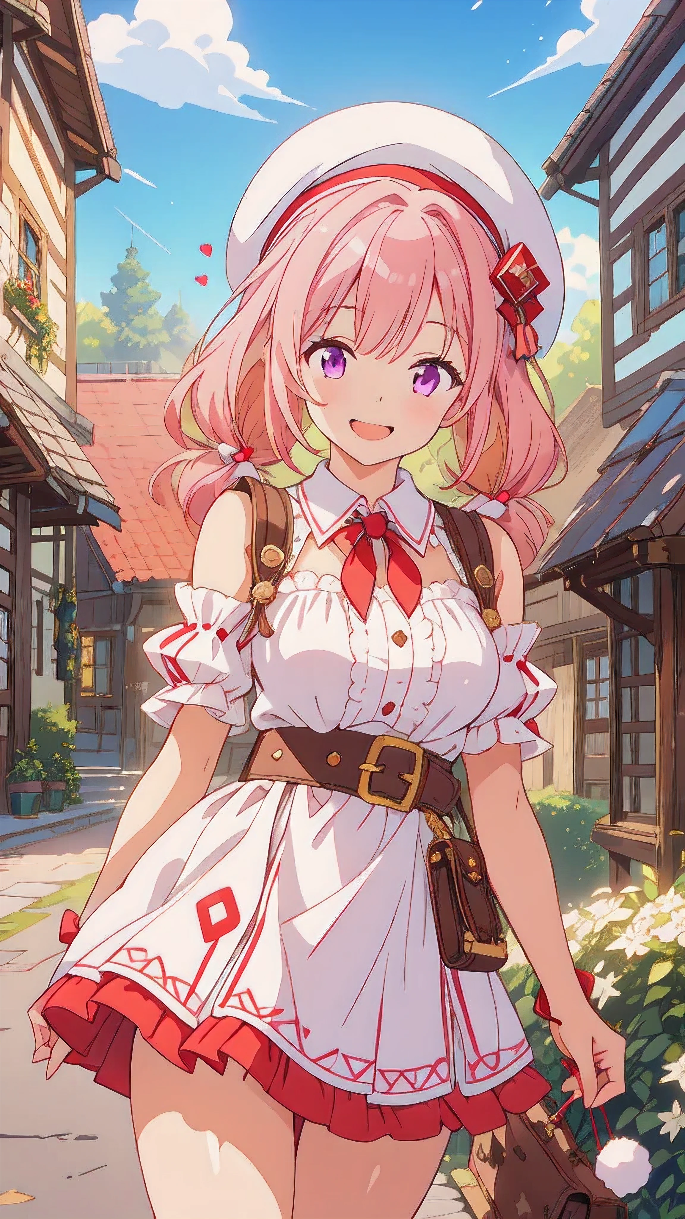 ((8k, Highest quality, masterpiece: 1.3)),Ultra-high resolution,(1 girl, alone), Highly detailed dark purple eyes, Highly detailed face,
The scene depicts a cheerful anime-style girl standing in a lively, fantasy town square. She has light pink hair styled into twintails, which curl slightly at the ends, giving her a playful and energetic look. She wears a red beret with fluffy white pompoms, matching the festive and cute elements of her outfit. Her attire is predominantly pink, with accents of white and black, decorated with heart motifs and gold armor elements, such as her shoulder guard and belt buckle. A heart-shaped cutout on her top adds a charming detail, emphasizing her vibrant personality.
The girl is winking playfully, conveying a sense of joy and friendliness. In the background, whimsical medieval-inspired buildings with curved rooftops and timber framing line the streets, while a majestic blue-topped castle rises above the townscape, suggesting a fantasy kingdom setting. The bright, sunny sky and the abundance of greenery around the town add to the warm and welcoming atmosphere. The overall composition gives a sense of lighthearted adventure, with the character appearing as both approachable and ready for exciting experiences in a magical world.
