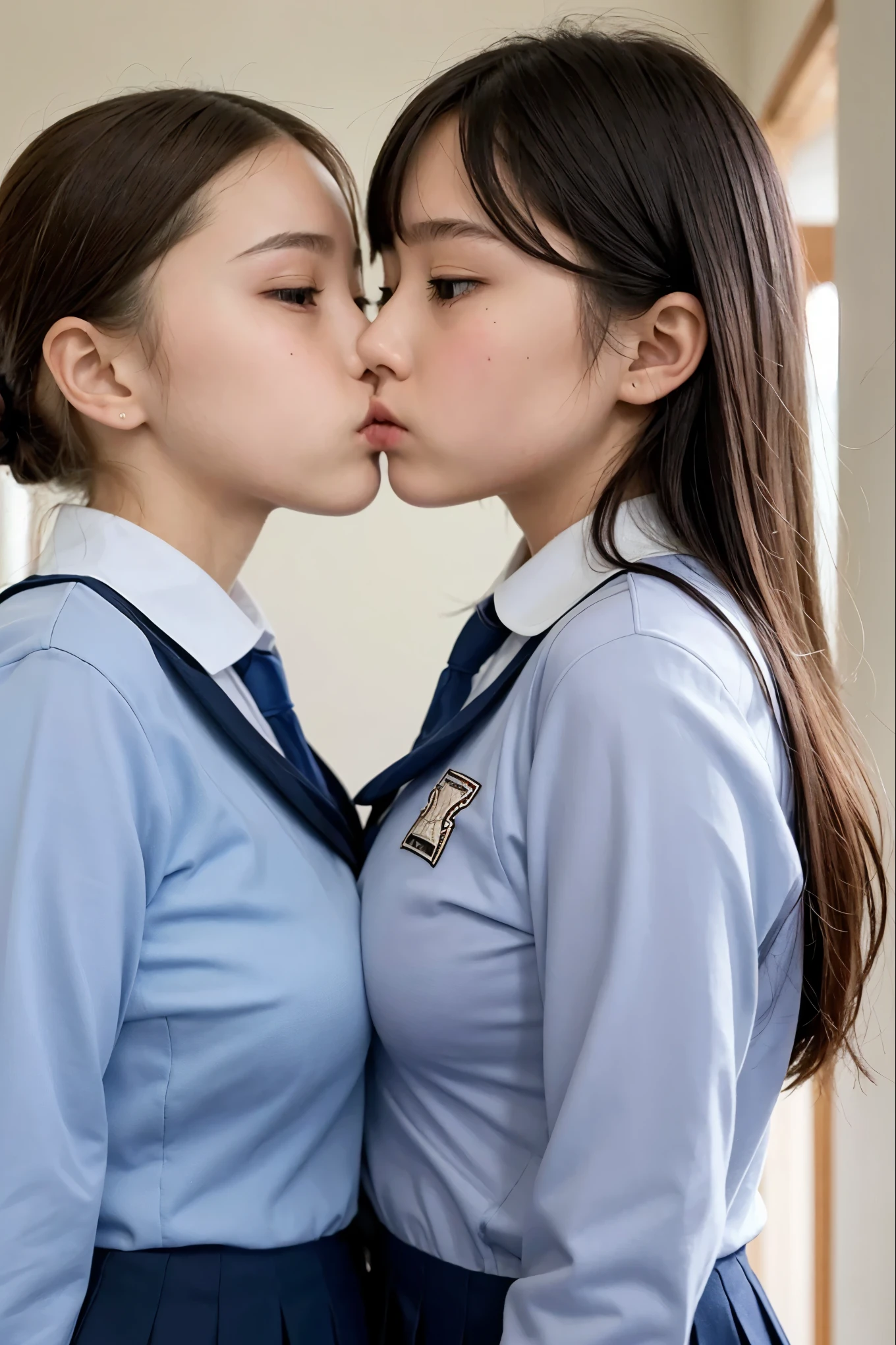 Two busty girls in uniforms kissing