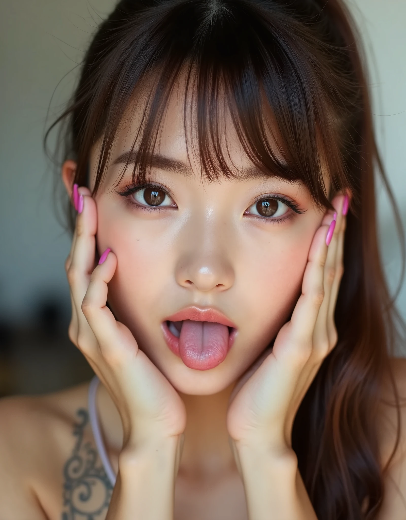 (Absurd:1.5, Surreal:1.5, masterpiece:1.30), (RAW Photos:1.5), Professional photography, (Sharp focus, Deep Focus:1.10), (Depth compositing of written boundaries), Cinema Lighting, break, (Ultra-detailed beautiful faces:1.10), (Ultra-detailed beautiful slim body:1.9), 2, (One Woman:1.8), Woman in the center of the image, break, (Very detailed, symmetrical brown eyes, eyelash, Double Eyelid, Beautiful Eyes:1.8)), break, ((Ultra-detailed beautiful lips, Lip gloss, Ultra-detailed, Realistic and beautiful skin:1.7)), break, ((Long ponytail, Asymmetrical bangs, Ultra-detailed, Beautiful shiny long hair:1.5), break, Put your hands on your face, Support your cheek with both hands, Wink your right eye, Sticking out tongue, Beautiful Teeth, break, (Perfect Anatomy:1.10)), (bare hands:1.5), (Super detailed and beautiful Japanese beauty idol:1.5), (Ultra-detailed, Glowing Oily Skin:1.5), (Cute Smile:1.3), (Browse your viewers:1.5), break,