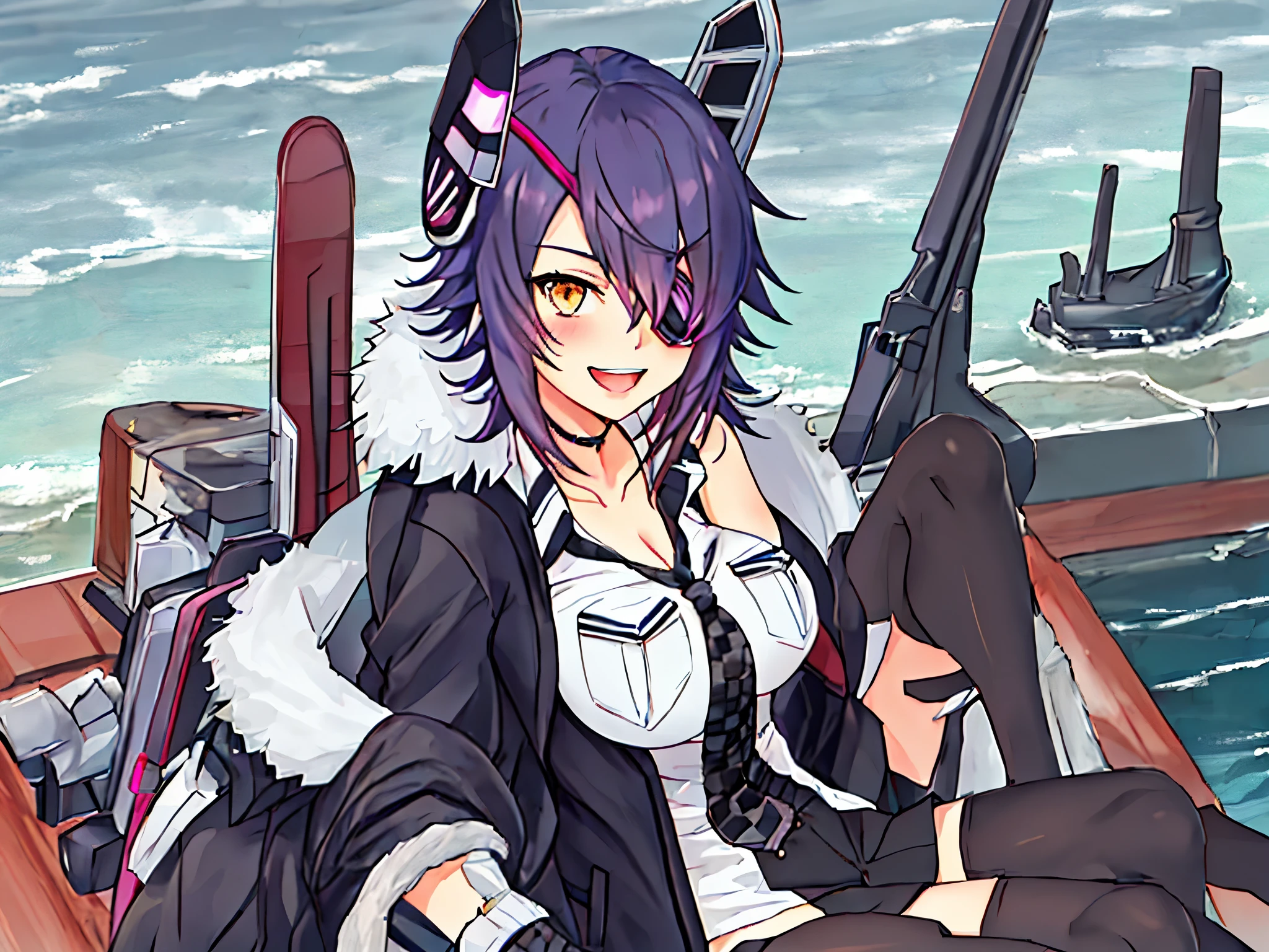 masterpiece, best quality, integrated scenery, integrated background, extremely delicate and beautiful, meticulous details, good composition, , cute face, perfect face,best quality, solo, {tenryuu_kantaicollection:1.15}, teen_girl, eyepatch, short_hair, purple_hair, yellow_eyes, headgear, breasts, necktie, big_breasts, smile, 1girl, blush, checkered_necktie, hair_over_one_eye, shirt, portrait, white_shirt, jacket, sleeveless, fur-trimmed_jacket, fur_trim, collarbone, looking_at_viewer, pocket, breast_pocket, messy_hair,harbor_road_landscape_background,outdoor,cleavage,solo,XD,open_mouth,