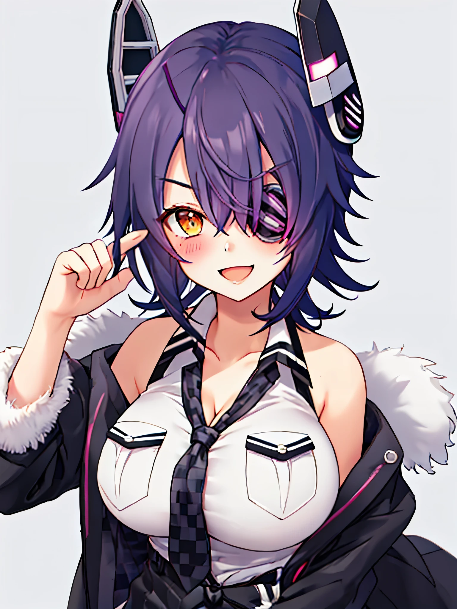 masterpiece, best quality, integrated scenery, integrated background, extremely delicate and beautiful, meticulous details, good composition, , cute face, perfect face,best quality, solo, {tenryuu_kantaicollection:1.15}, teen_girl, eyepatch, short_hair, purple_hair, yellow_eyes, headgear, breasts, necktie, big_breasts, smile, 1girl, blush, checkered_necktie, hair_over_one_eye, shirt, portrait, white_shirt, jacket, sleeveless, fur-trimmed_jacket, fur_trim, collarbone, looking_at_viewer, pocket, breast_pocket, messy_hair,harbor_road_landscape_background,outdoor,cleavage,solo,XD,open_mouth,