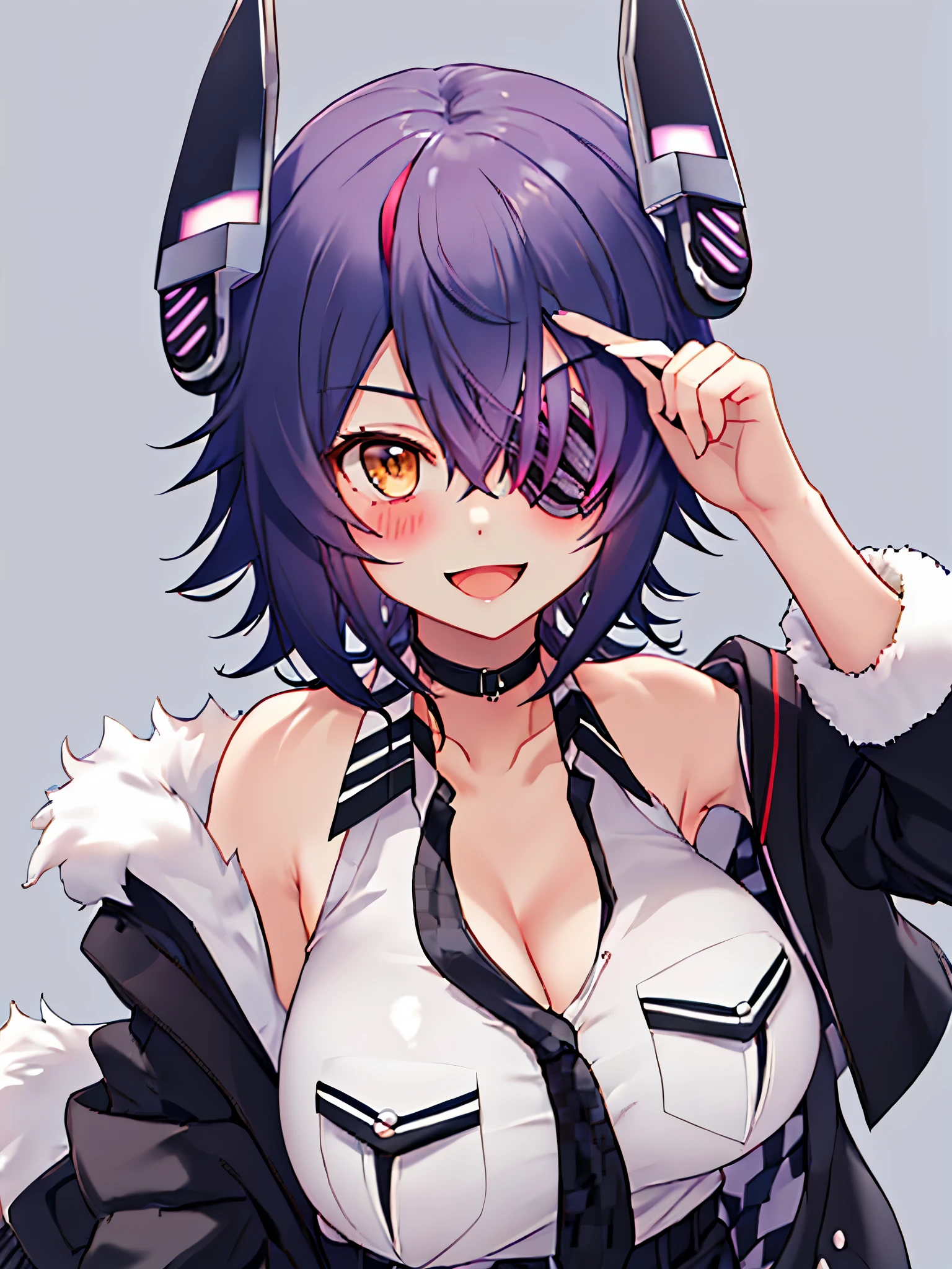 masterpiece, best quality, integrated scenery, integrated background, extremely delicate and beautiful, meticulous details, good composition, , cute face, perfect face,best quality, solo, {tenryuu_kantaicollection:1.15}, teen_girl, eyepatch, short_hair, purple_hair, yellow_eyes, headgear, breasts, necktie, big_breasts, smile, 1girl, blush, checkered_necktie, hair_over_one_eye, shirt, portrait, white_shirt, jacket, sleeveless, fur-trimmed_jacket, fur_trim, collarbone, looking_at_viewer, pocket, breast_pocket, messy_hair,harbor_road_landscape_background,outdoor,cleavage,solo,XD,open_mouth,