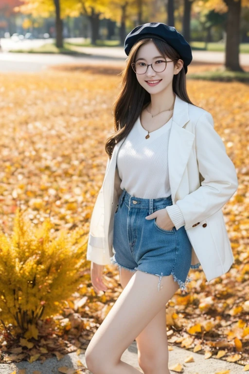 Best Quality、masterpiece、High sensitivity、High resolution、Detailed Description、Delicate facial depiction、Slender woman、Glasses、Smiling face、Autumn outfit、Shorts、jacket、Beret、Autumn leaves park、stroll、