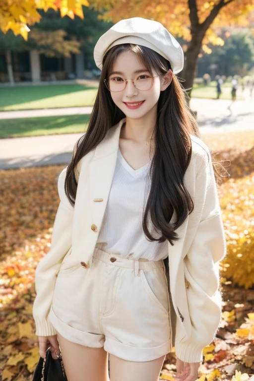 Best Quality、masterpiece、High sensitivity、High resolution、Detailed Description、Delicate facial depiction、Slender woman、Glasses、Smiling face、Autumn outfit、Shorts、jacket、Beret、Autumn leaves park、stroll、