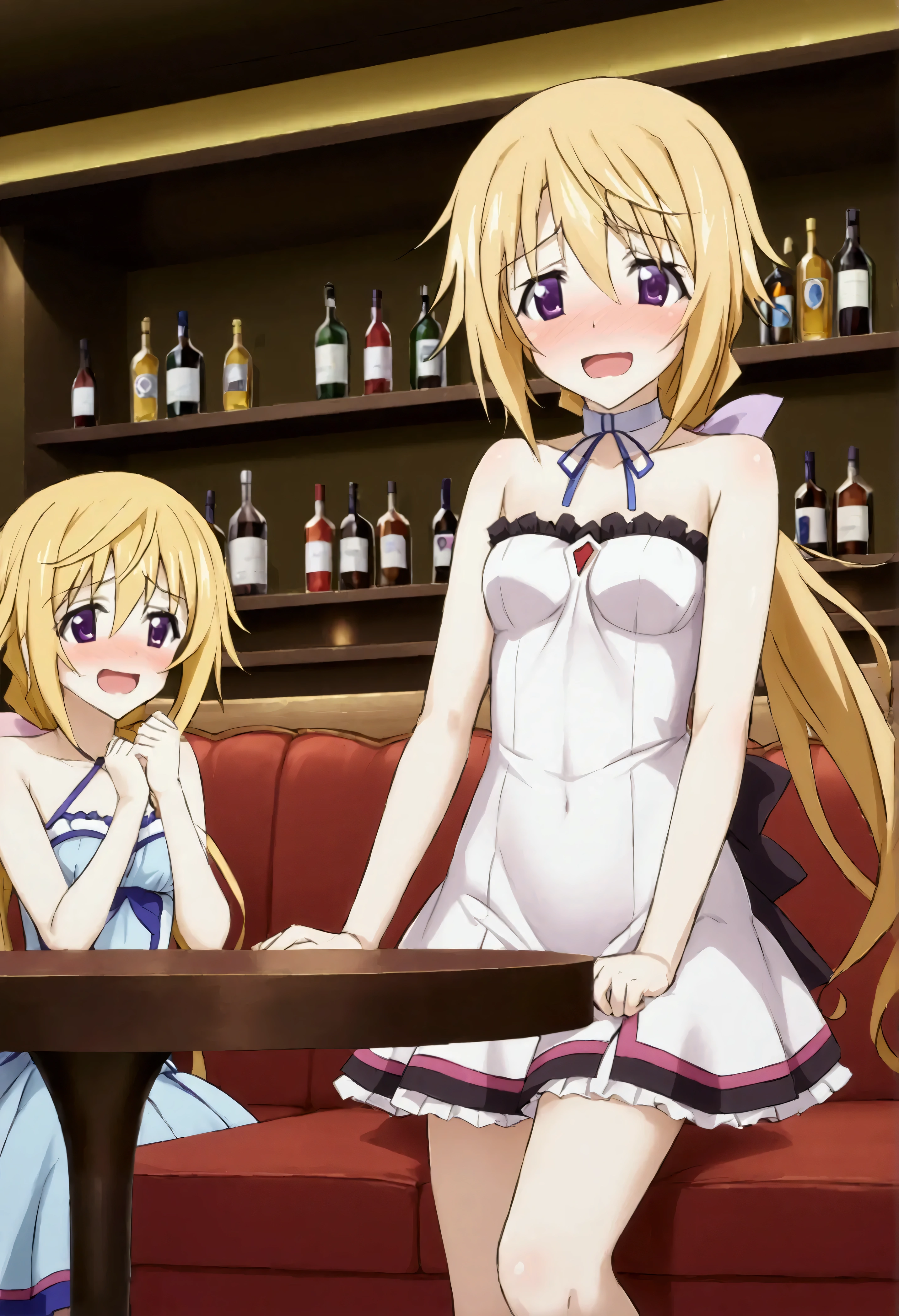 NSFW,masterpiece,Best Quality,High resolution,Very detailed,Charlotte Dunois\(Infinite Stratos\),Long Hair、Blonde Hair、ribbon、Purple Eyes、ponytail、ヘアribbon,Tight Dress,Shy laugh,Embarrassed,blush,Cabaret Club,bar,Sofa,Low table