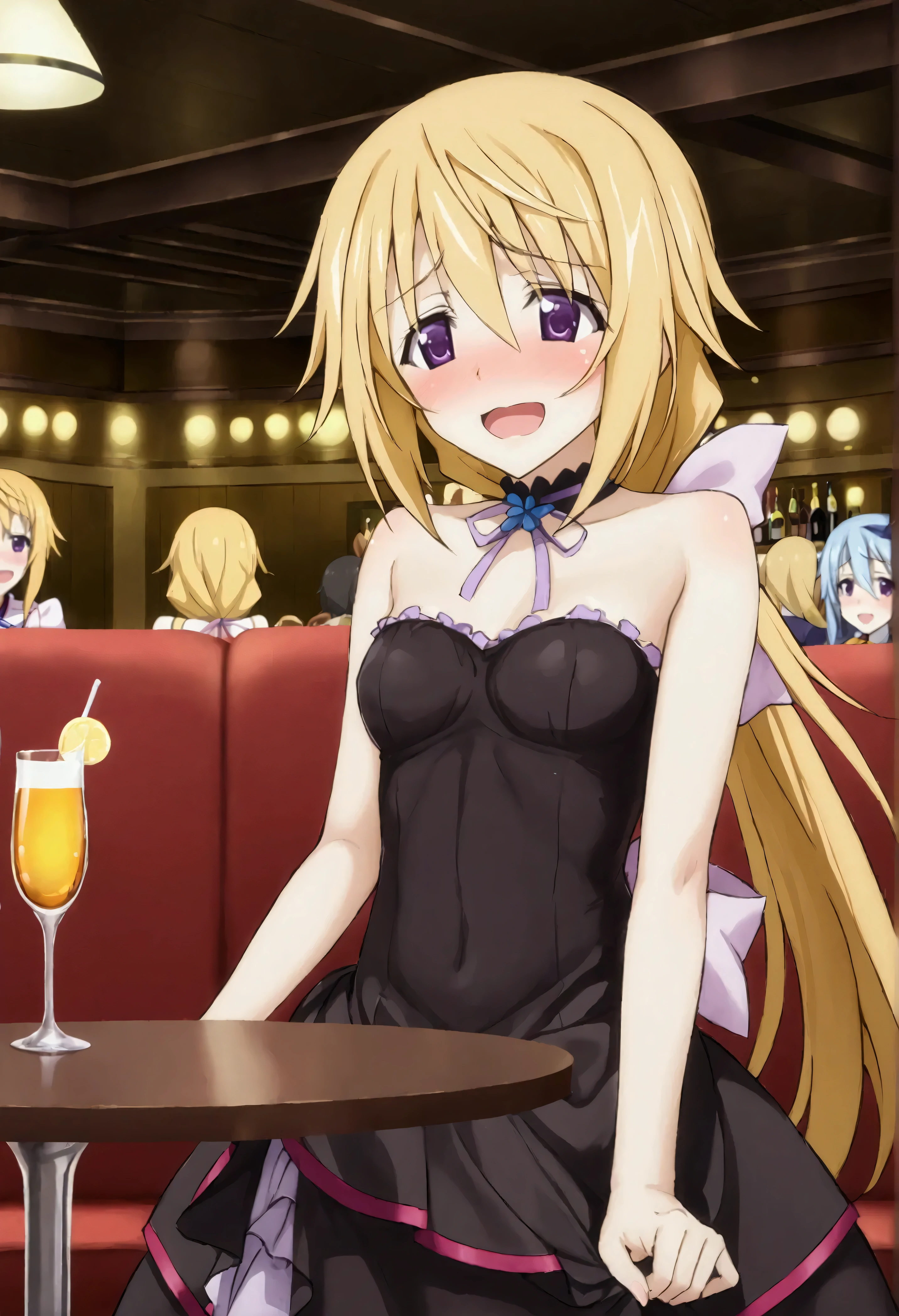 NSFW,masterpiece,Best Quality,High resolution,Very detailed,Charlotte Dunois\(Infinite Stratos\),Long Hair、Blonde Hair、ribbon、Purple Eyes、ponytail、ヘアribbon,Tight Dress,Shy laugh,Embarrassed,blush,Cabaret Club,bar,Sofa,Low table