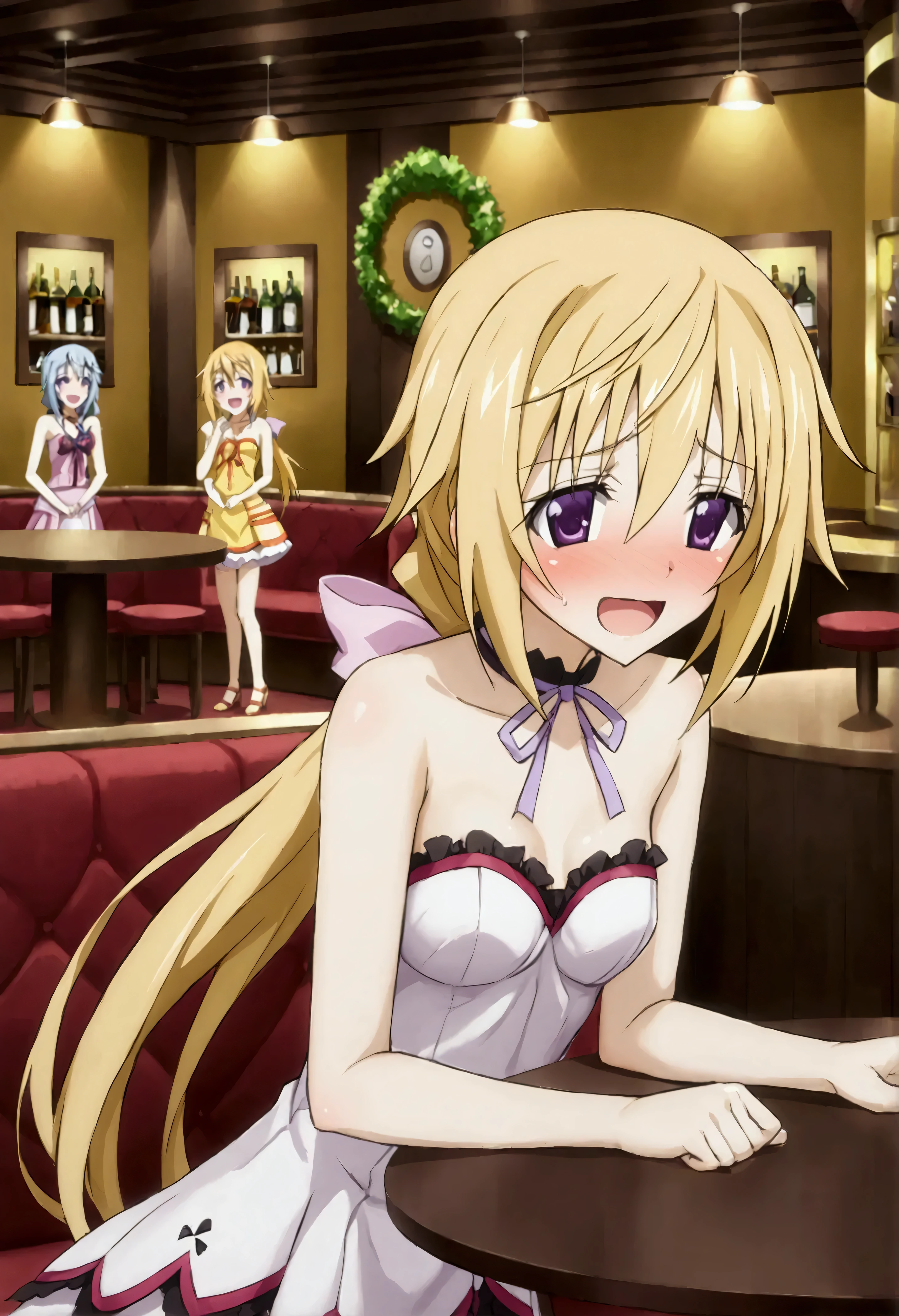 NSFW,masterpiece,Best Quality,High resolution,Very detailed,Charlotte Dunois\(Infinite Stratos\),Long Hair、Blonde Hair、ribbon、Purple Eyes、ponytail、ヘアribbon,Tight Dress,Shy laugh,Embarrassed,blush,Cabaret Club,bar,Sofa,Low table