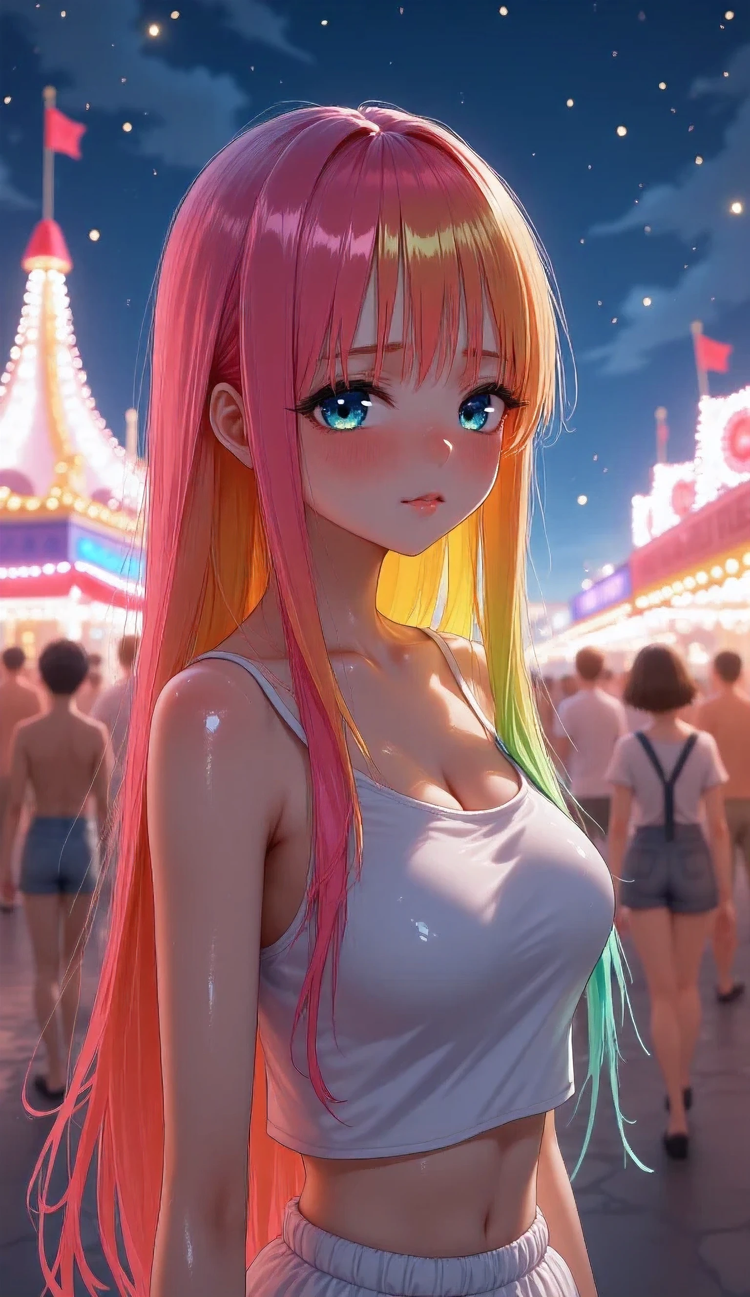 Park,Dressed, cleavage,flirting with camera,(photographrealistic:1.4), (Hyper realistic:1.4), (Realistic:1.3),(Smoother lighting:1.05), (increase cinematic lighting quality:0.9), 1girl in, a 18 year old girl, (Long pink hair, (Multicolored) Blue, Red, yellow, rainbow hair:1.6),Realistic lighting, Backlighting, Light on Face, sun shining, Shiny skin, solar flare,(Blue eyes:1.4),(Brightening light:1.2), (Increase quality:1.4),(Top quality real texture skins:1.4), finely detailed eyes, finerly detailed face,(tired and sleepy and joy), close up of face, white sport bra,(Increase body line mood:1.2), (Increase the beauty of skin texture:1.2),High resolution, 1 woman, hips up high, Beautiful eyes, Long hair, Jewelry, The tattoo, street wear,Tattoo all over the arm,