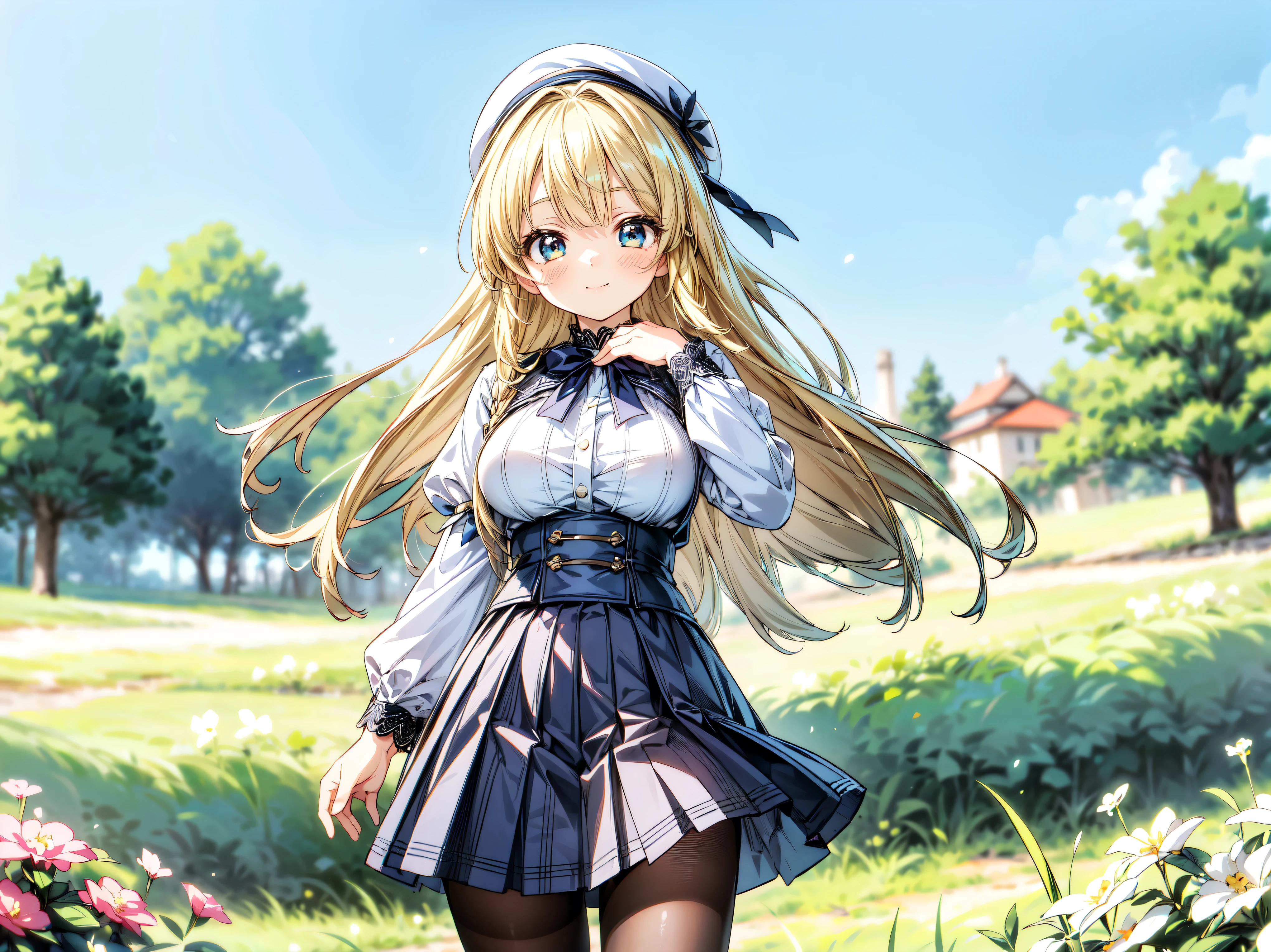 ((Ultra HD)), ((Super detailed)), ((Best Quality)), Blonde, ((Asymmetrical bangs)), KAWAII, happy smile, Big Breasts, breasts focus, Beret, Pleated mini skirt with lace, White Wizard, on grassland, (((Complete Hand))), ((depth of field, blurred background)), (anime moe art style:1.3),